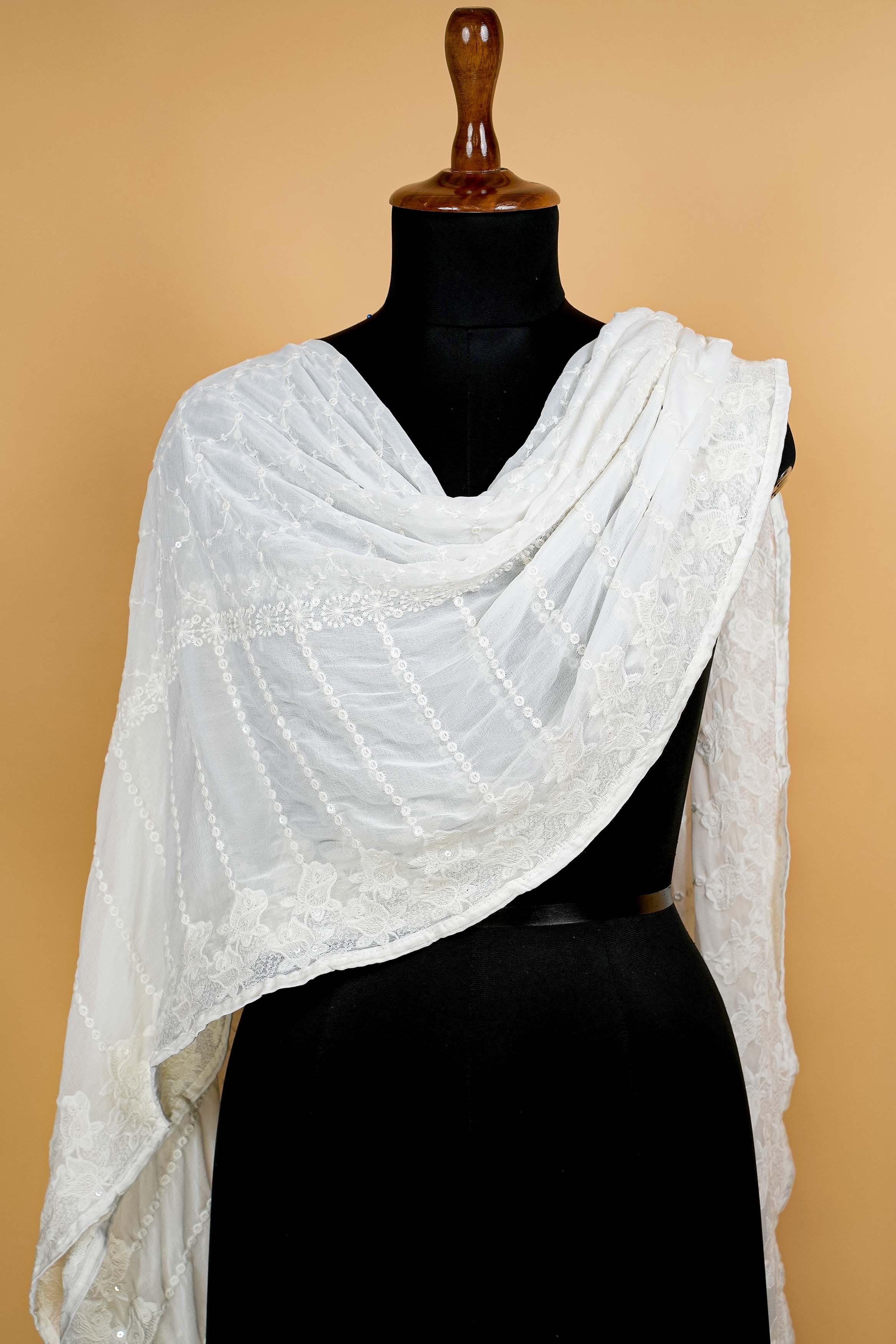 White Dupatta with Thread work, Sequins and Border