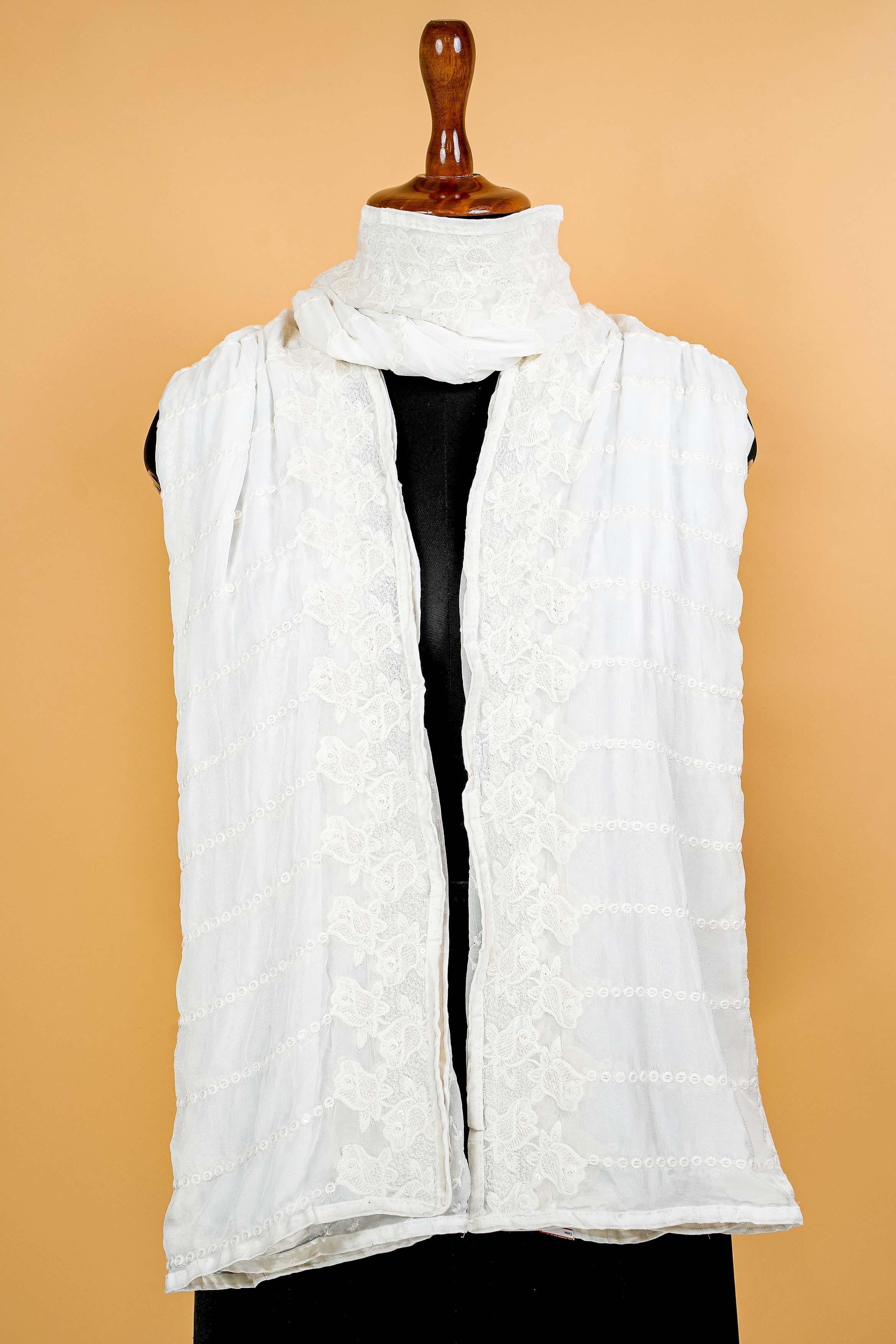 White Dupatta with Thread work, Sequins and Border