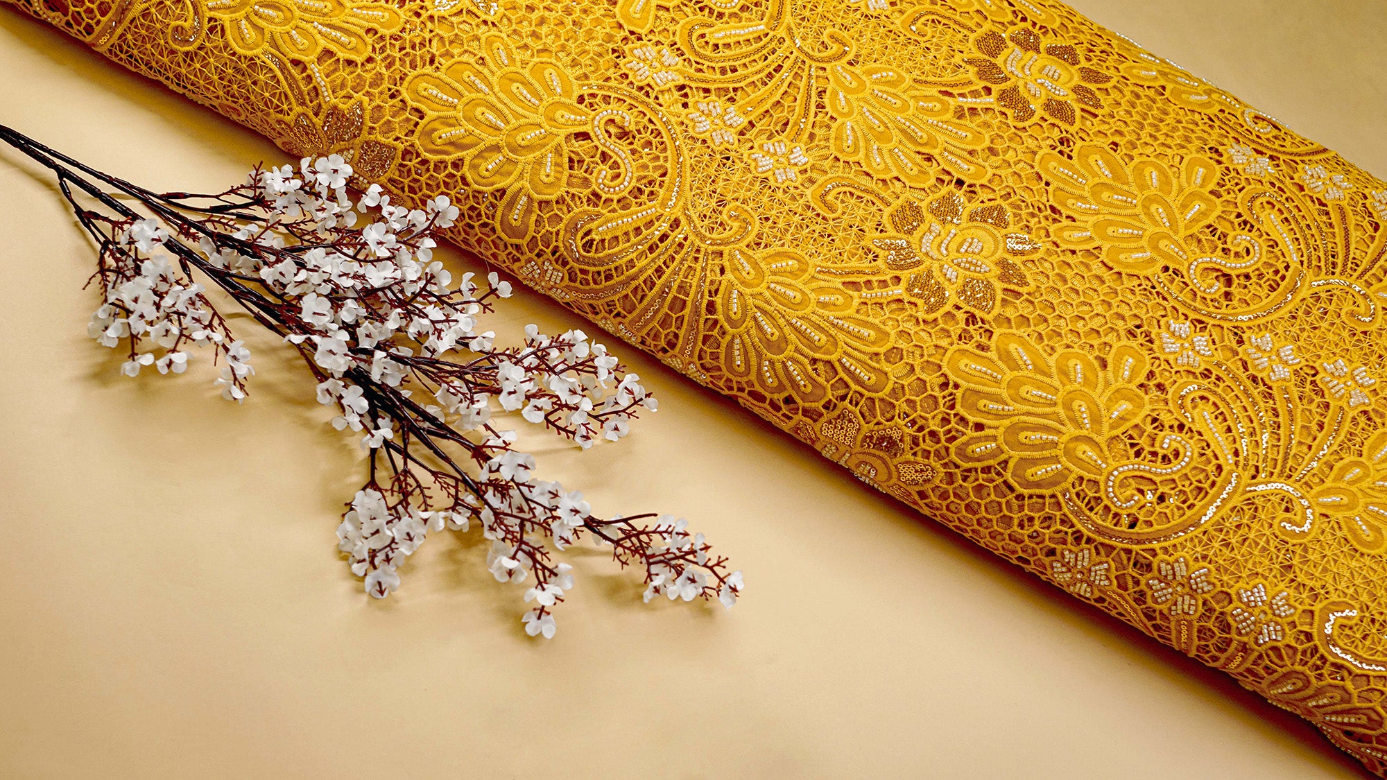 Mustard Embroidered Crepe with Handwork , Threadwork, Sequins, and Scallop Border