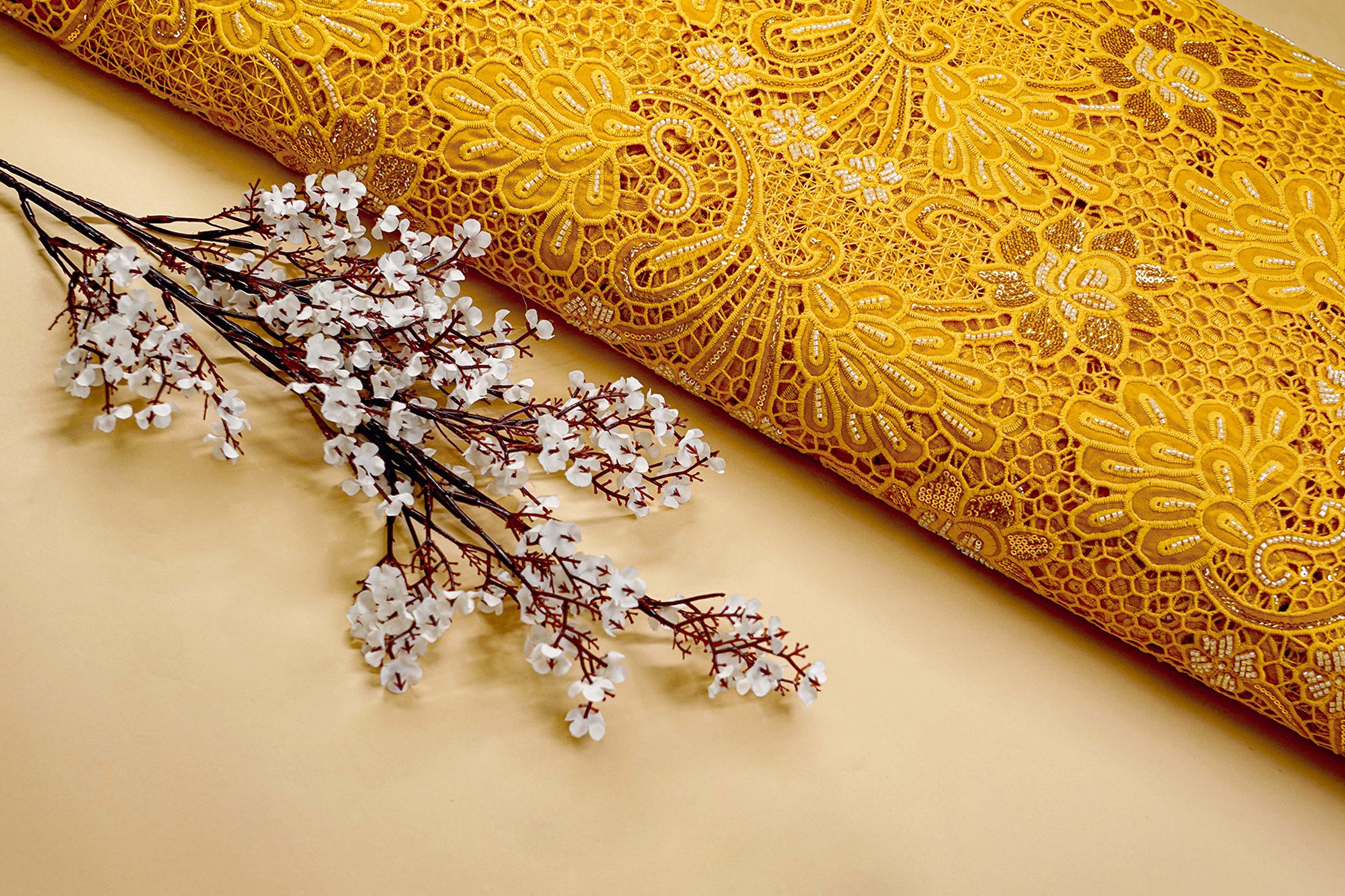 Mustard Embroidered Crepe with Handwork , Threadwork, Sequins, and Scallop Border - Paras Gallery Fabrics