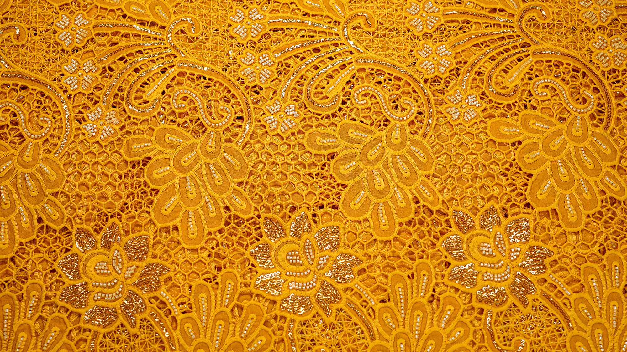 Mustard Embroidered Crepe with Handwork , Threadwork, Sequins, and Scallop Border