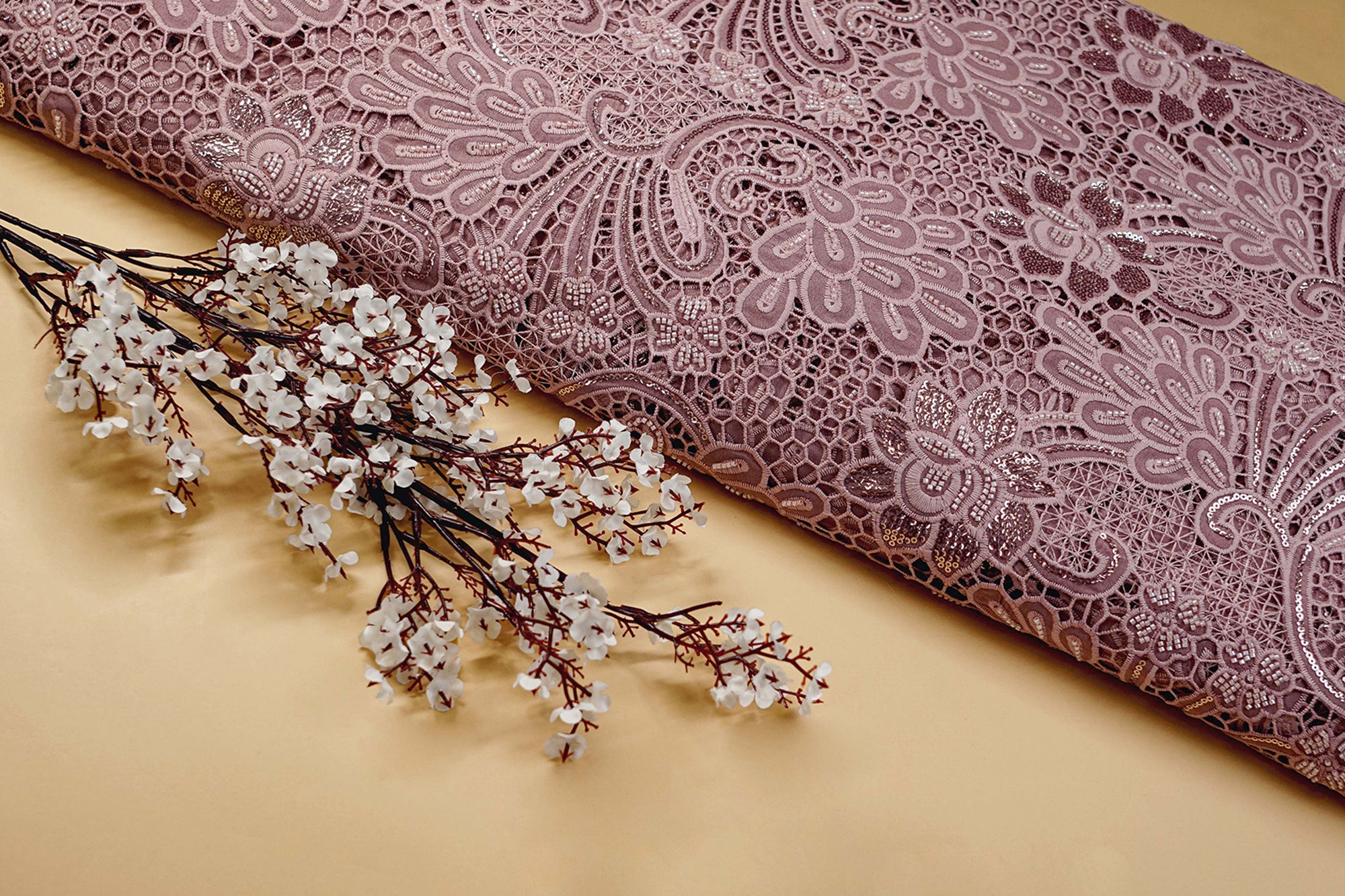 Onion Embroidered Crepe with Handwork , Threadwork, Sequins, and Scallop Border- Paras Gallery Fabrics