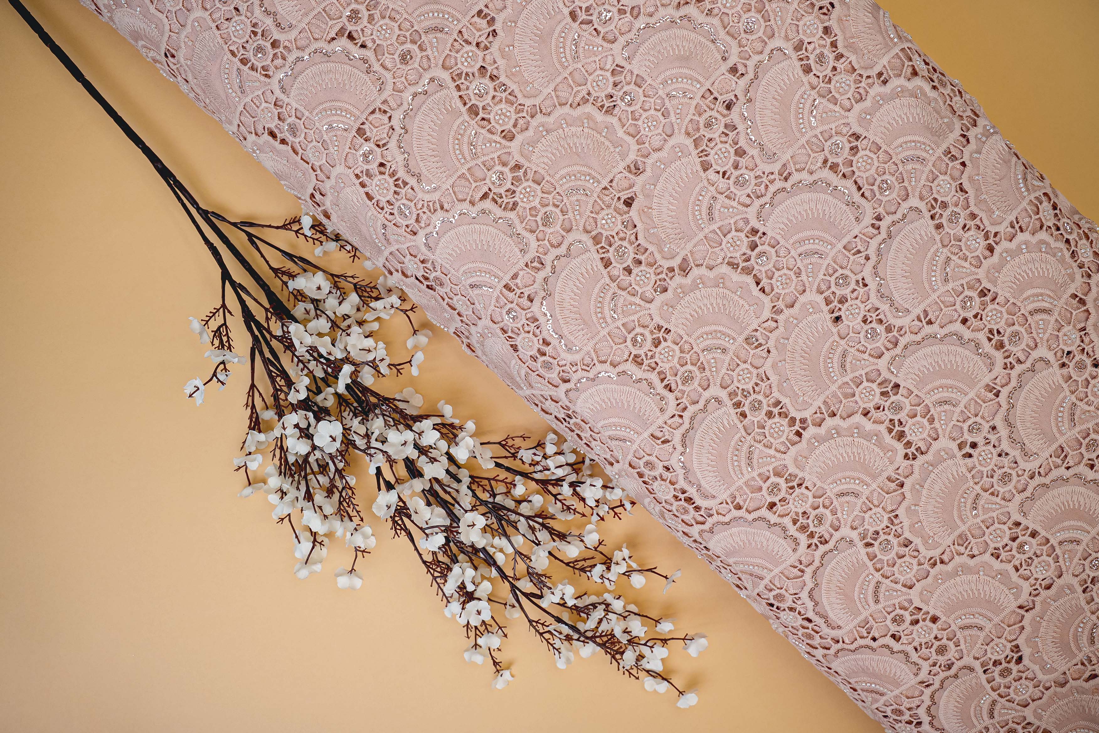 Peach Embroidered Crepe with Handwork , Threadwork, Sequins, and Scallop Border