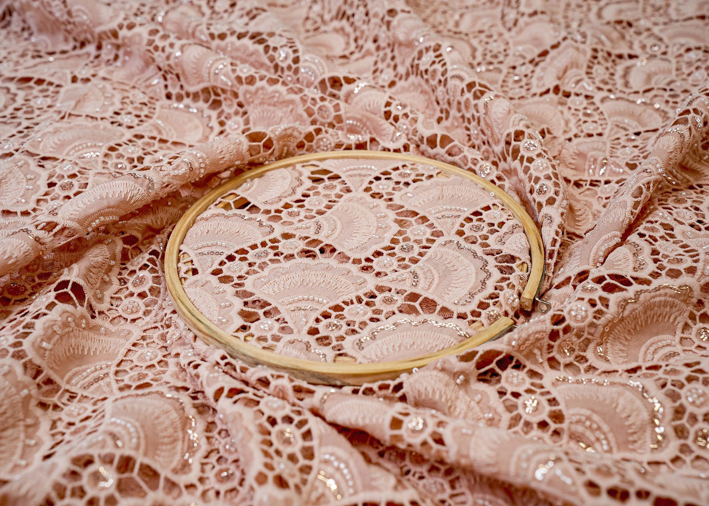 Peach Imported Crepe with Handwork , Threadwork, Sequins, and Scallop Border