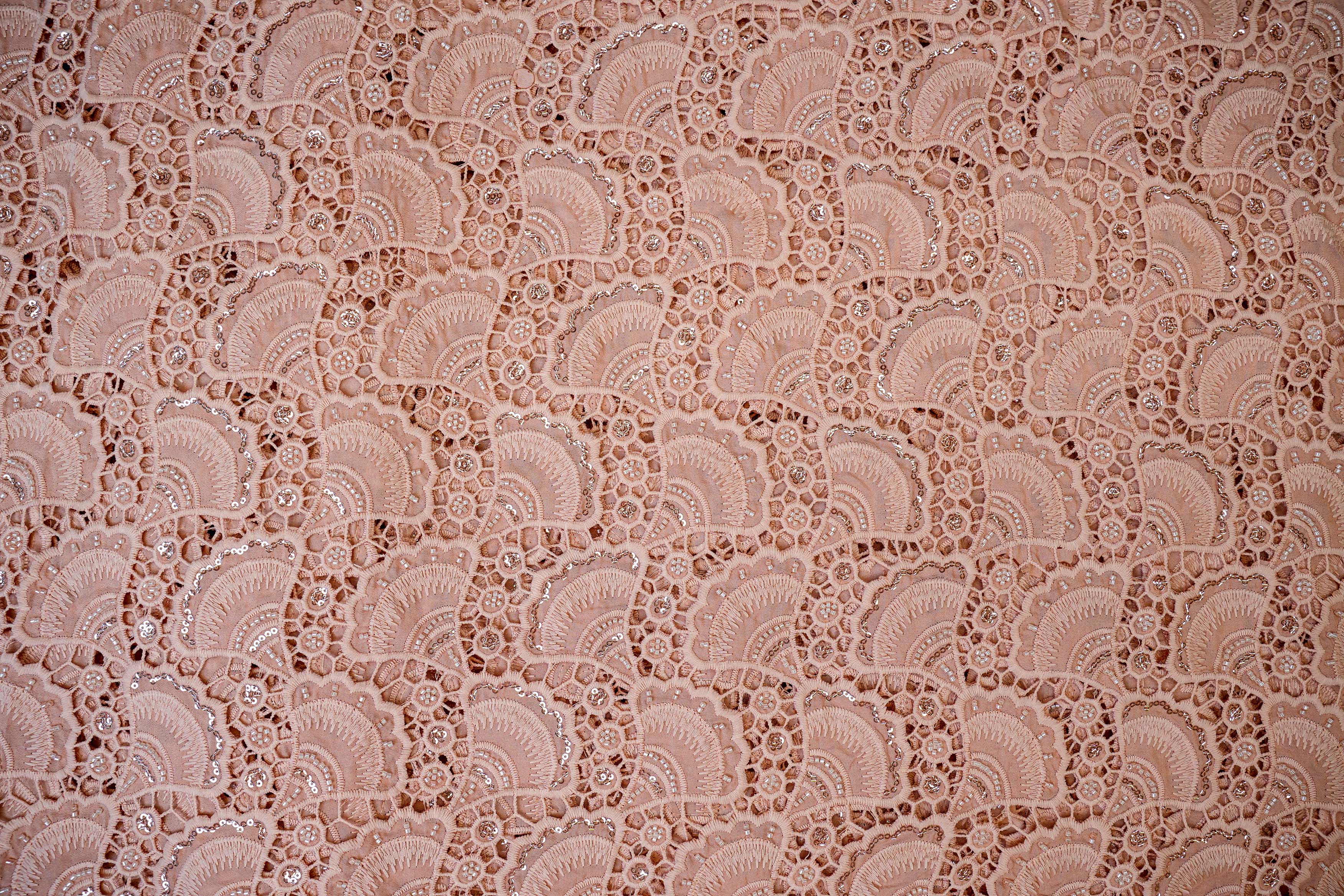 Peach Embroidered Crepe with Handwork , Threadwork, Sequins, and Scallop Border