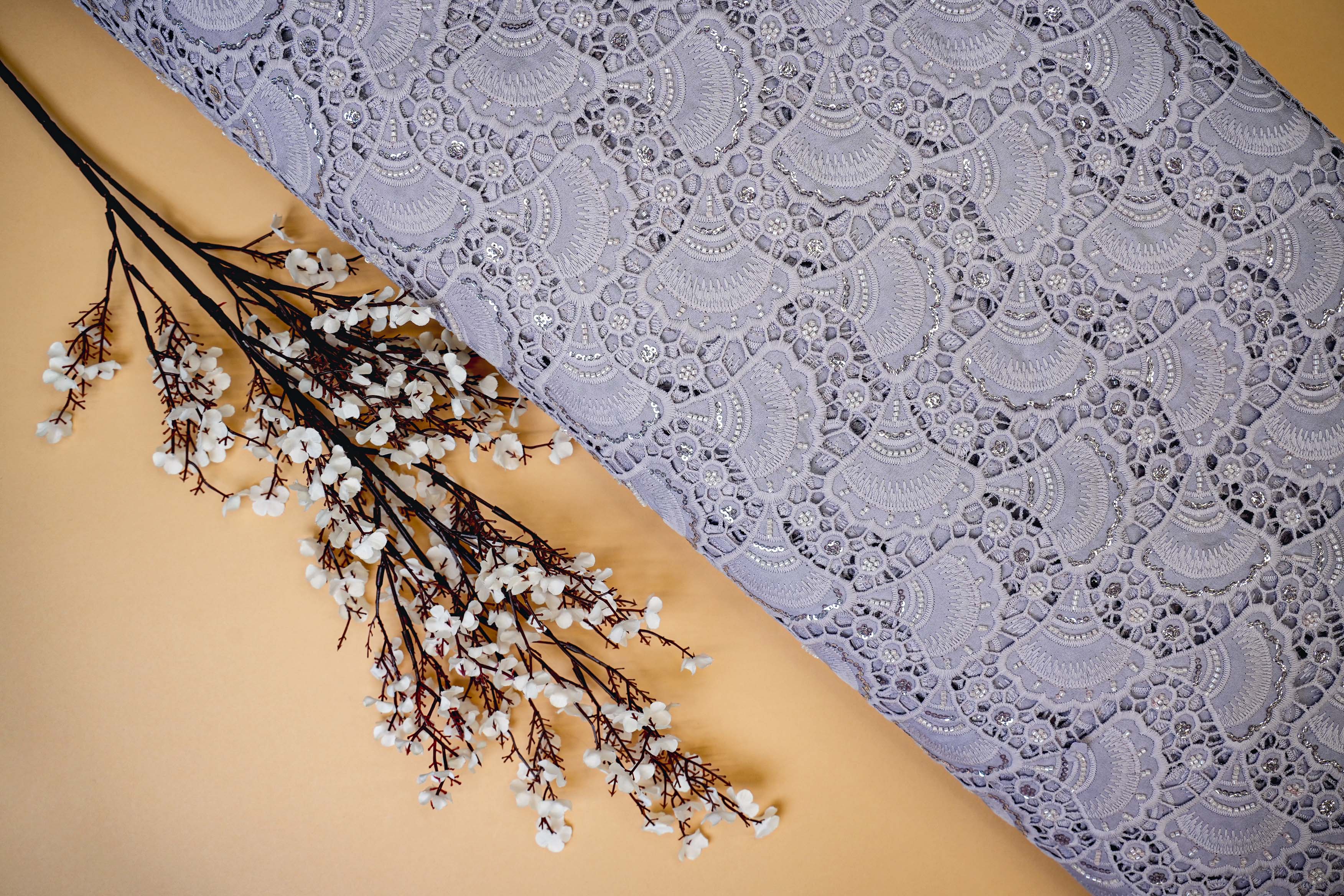 Lavender Embroidered Crepe with Handwork , Threadwork, Sequins, and Scallop Border