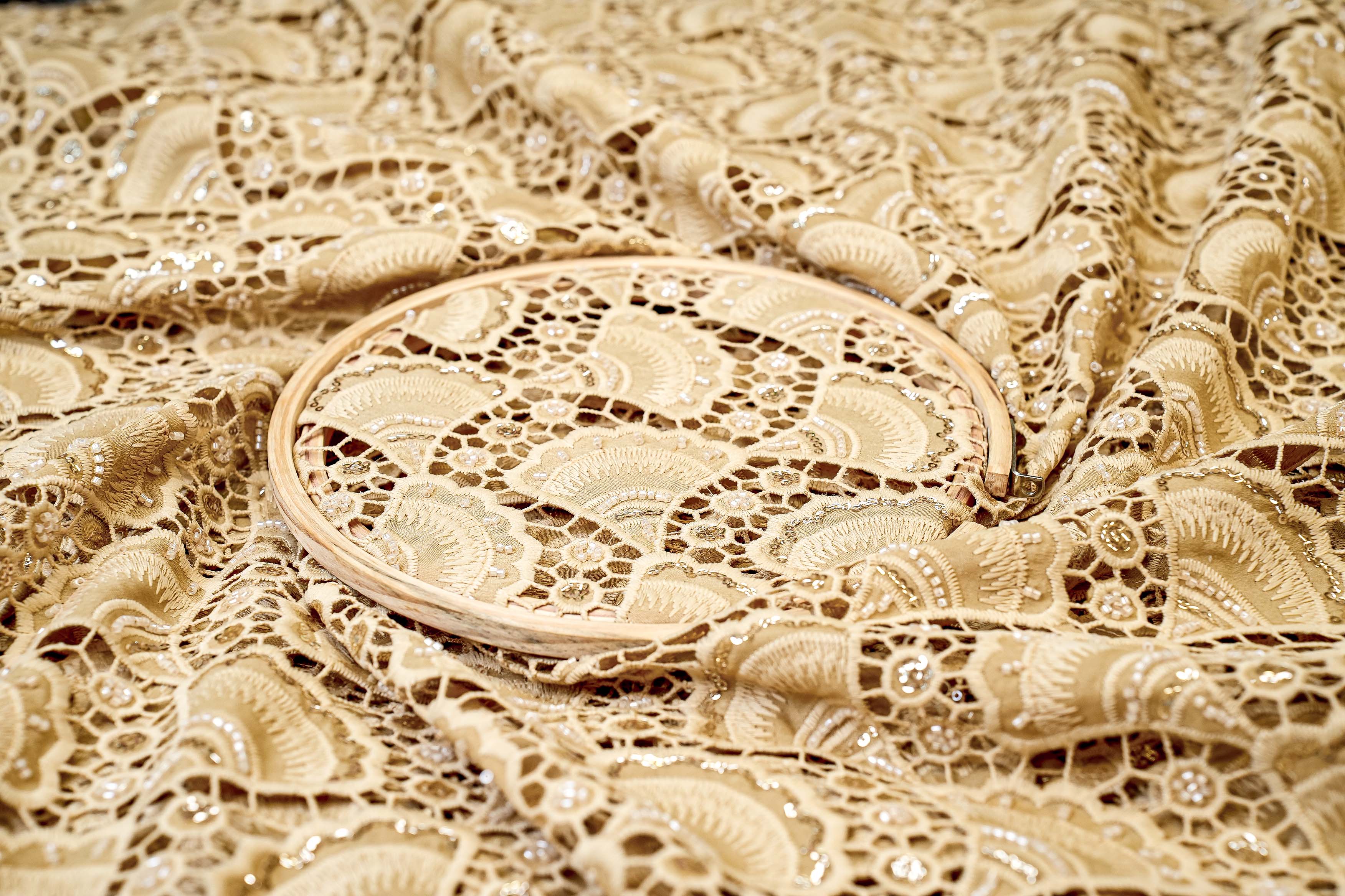 Golden Embroidered Crepe with Handwork , Threadwork, Sequins, and Scallop Border