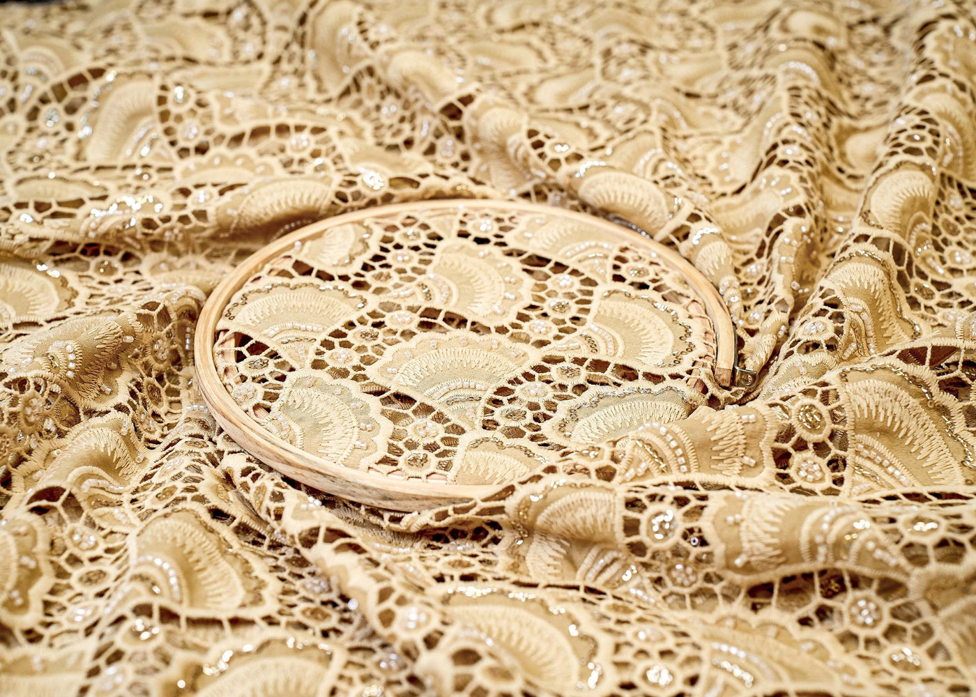 Golden Imported Crepe with Handwork , Threadwork, Sequins, and Scallop Border