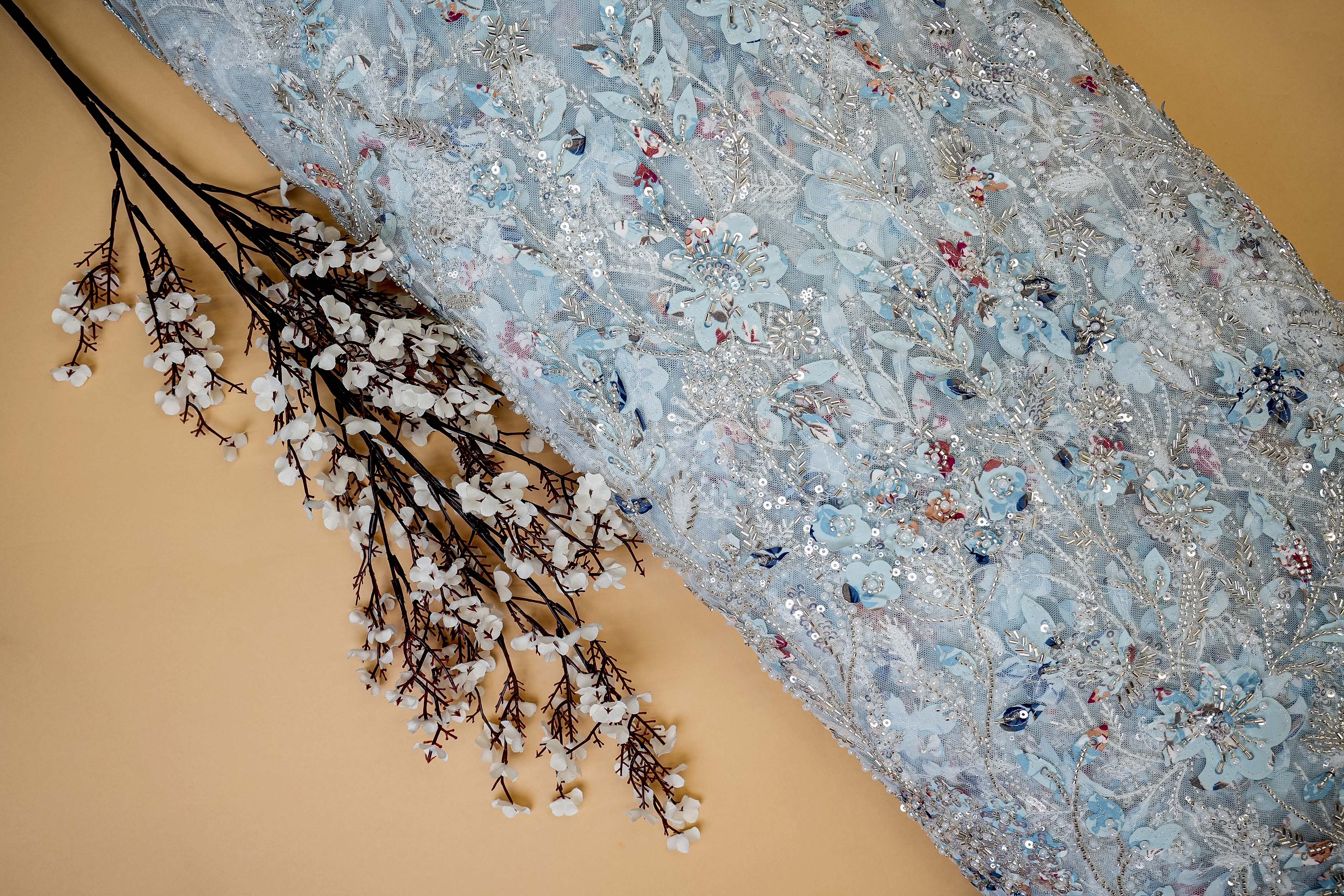 Blue Floral Net with Handwork, Cutwork, Sequins, and Pearls