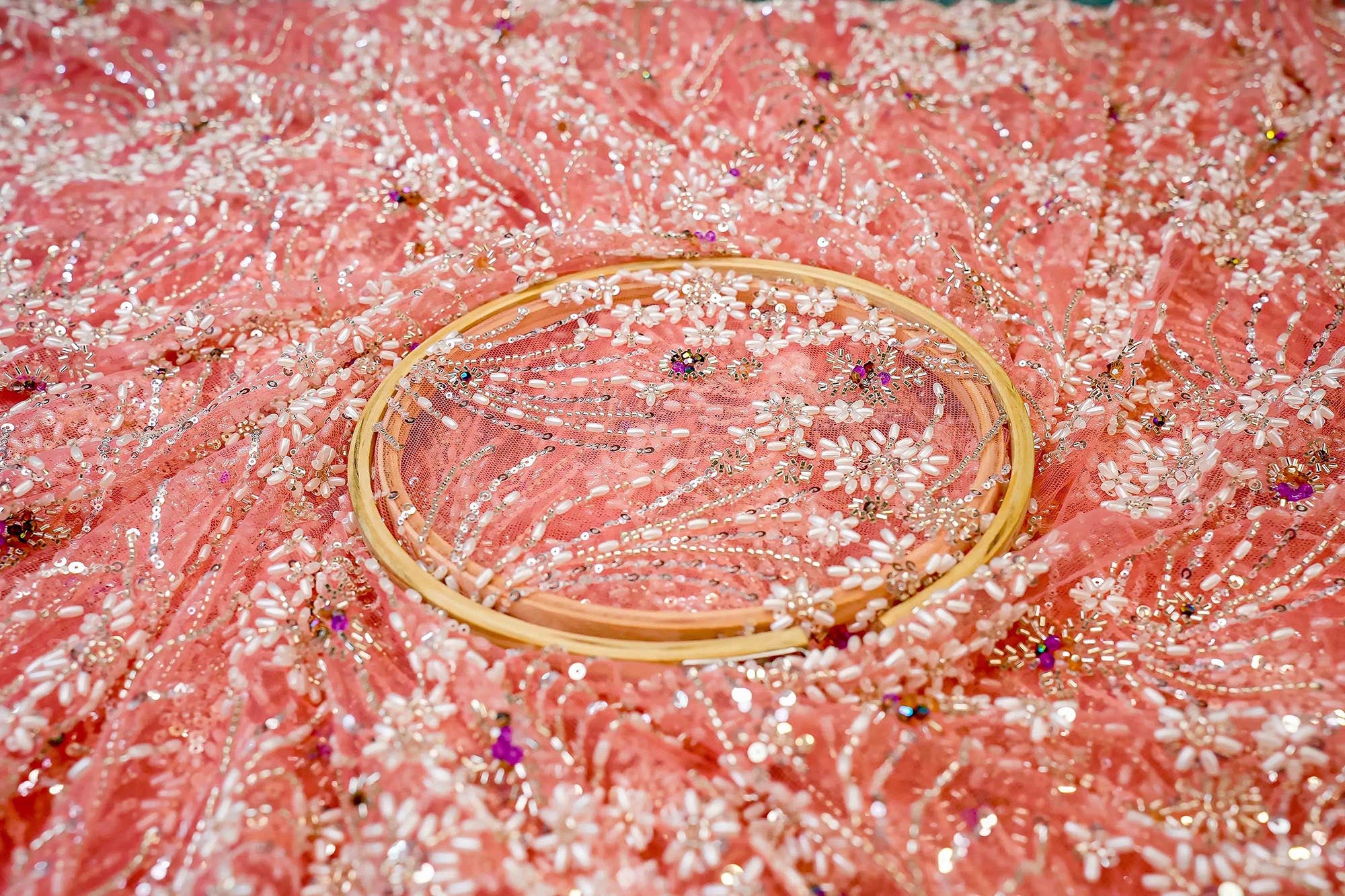 Peach Floral Handwork Net with Rainbow Sequins, Pearls, and Scallop Border