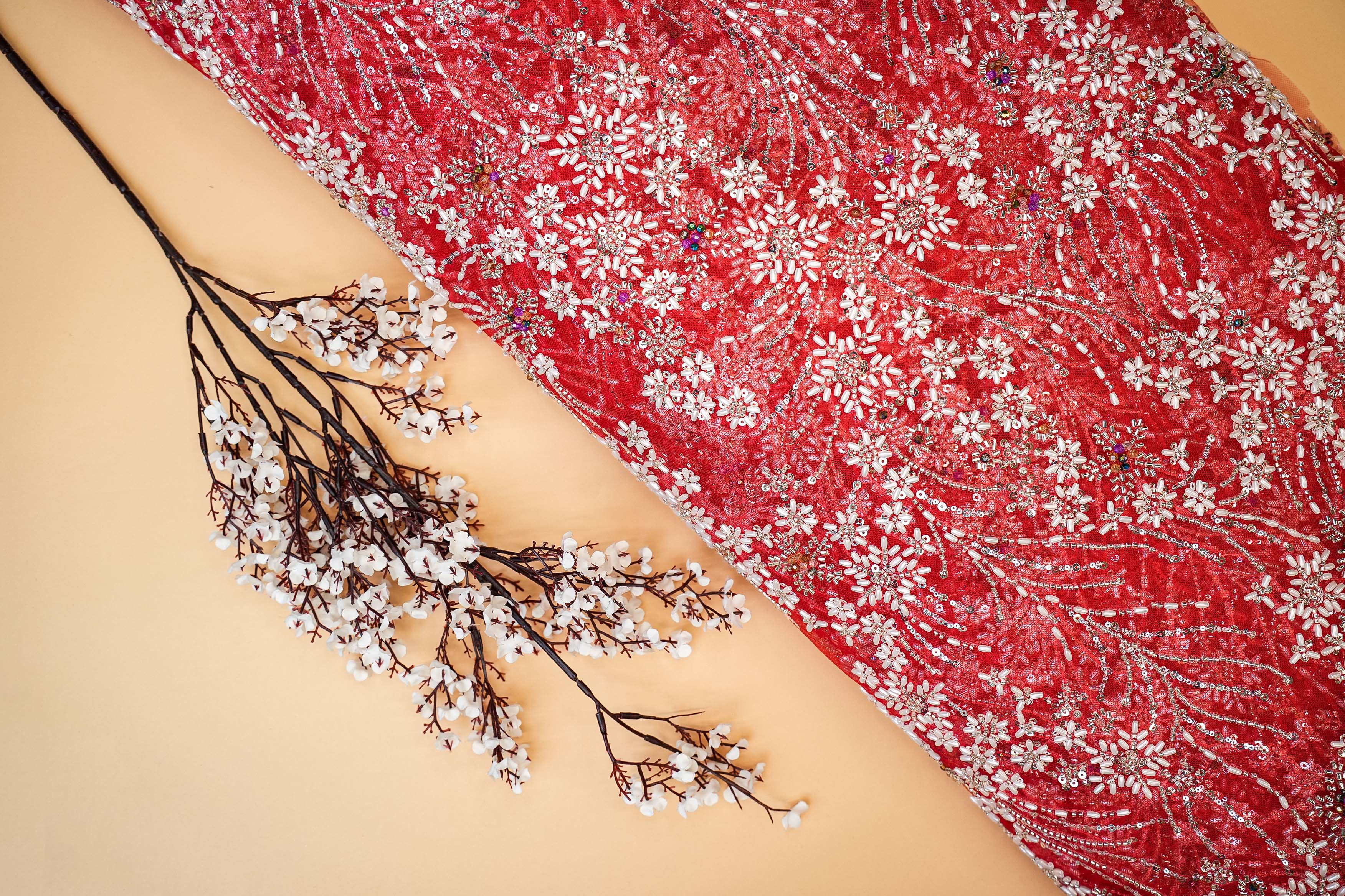 Red Floral Handwork Net with Rainbow Sequins, Pearls, and Scallop Border - Paras Gallery Fabrics