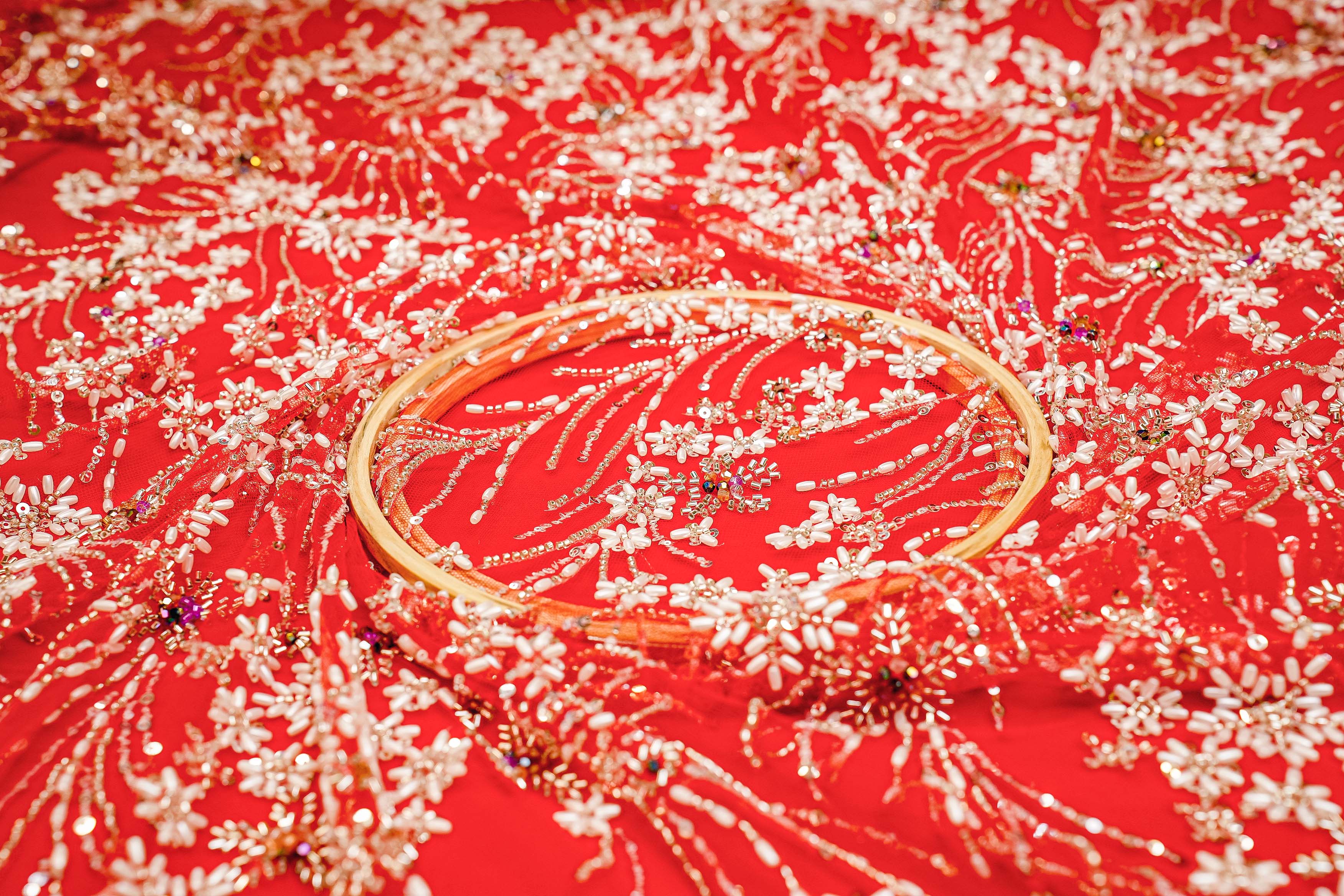 Red Floral Handwork Net with Rainbow Sequins, Pearls, and Scallop Border