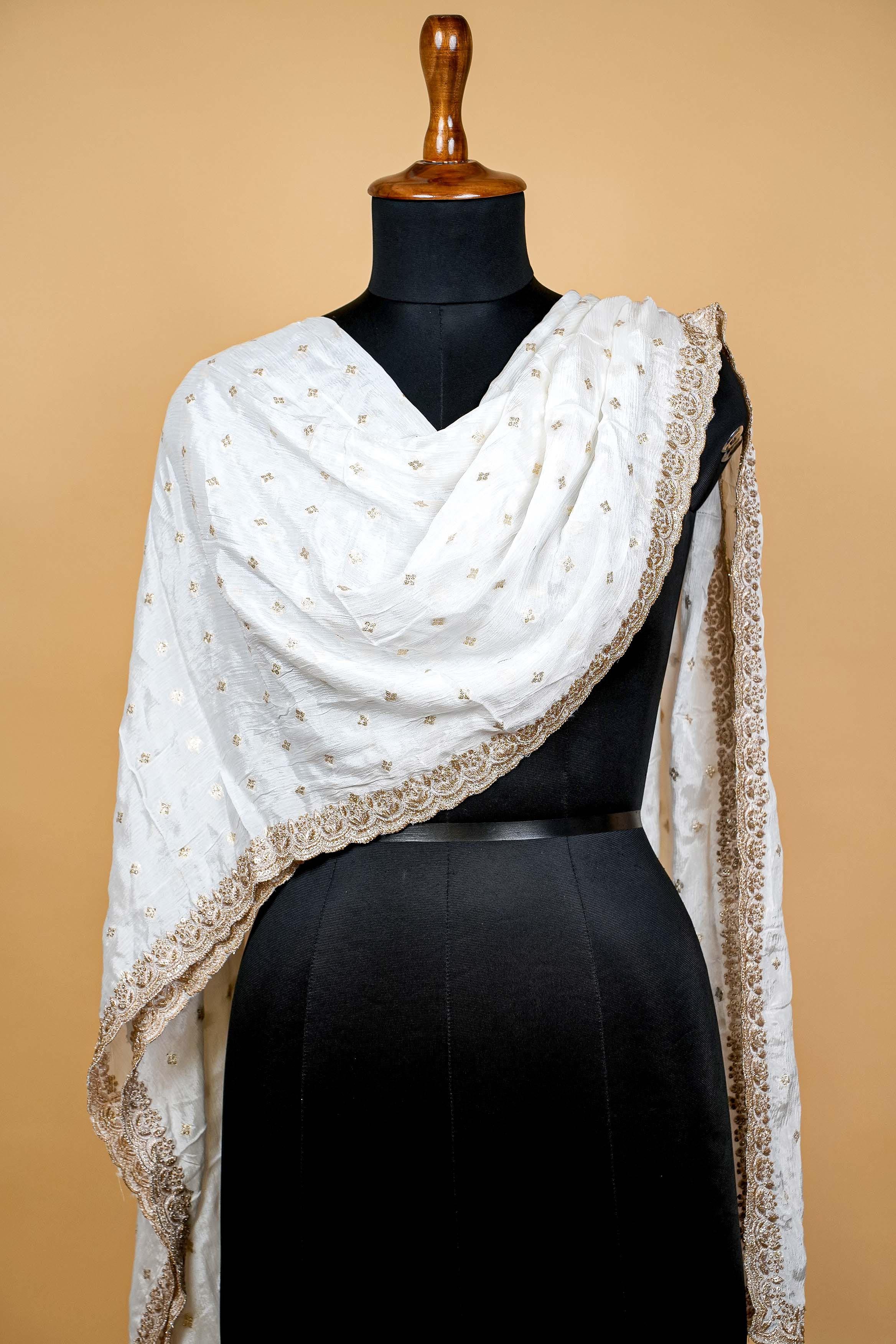 White Dupatta with Zari work and Scallop Border