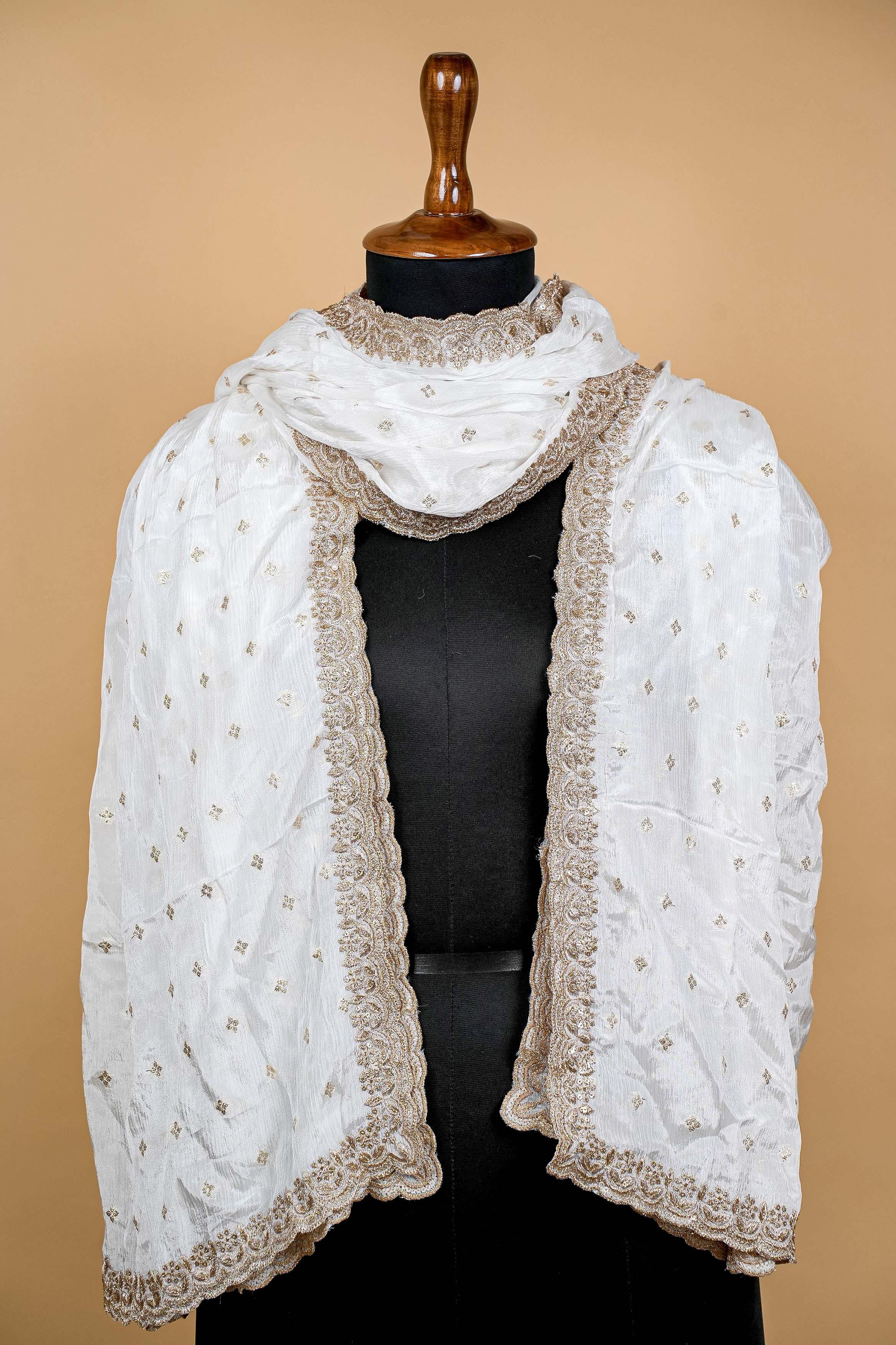 White Dupatta with Zari work and Scallop Border