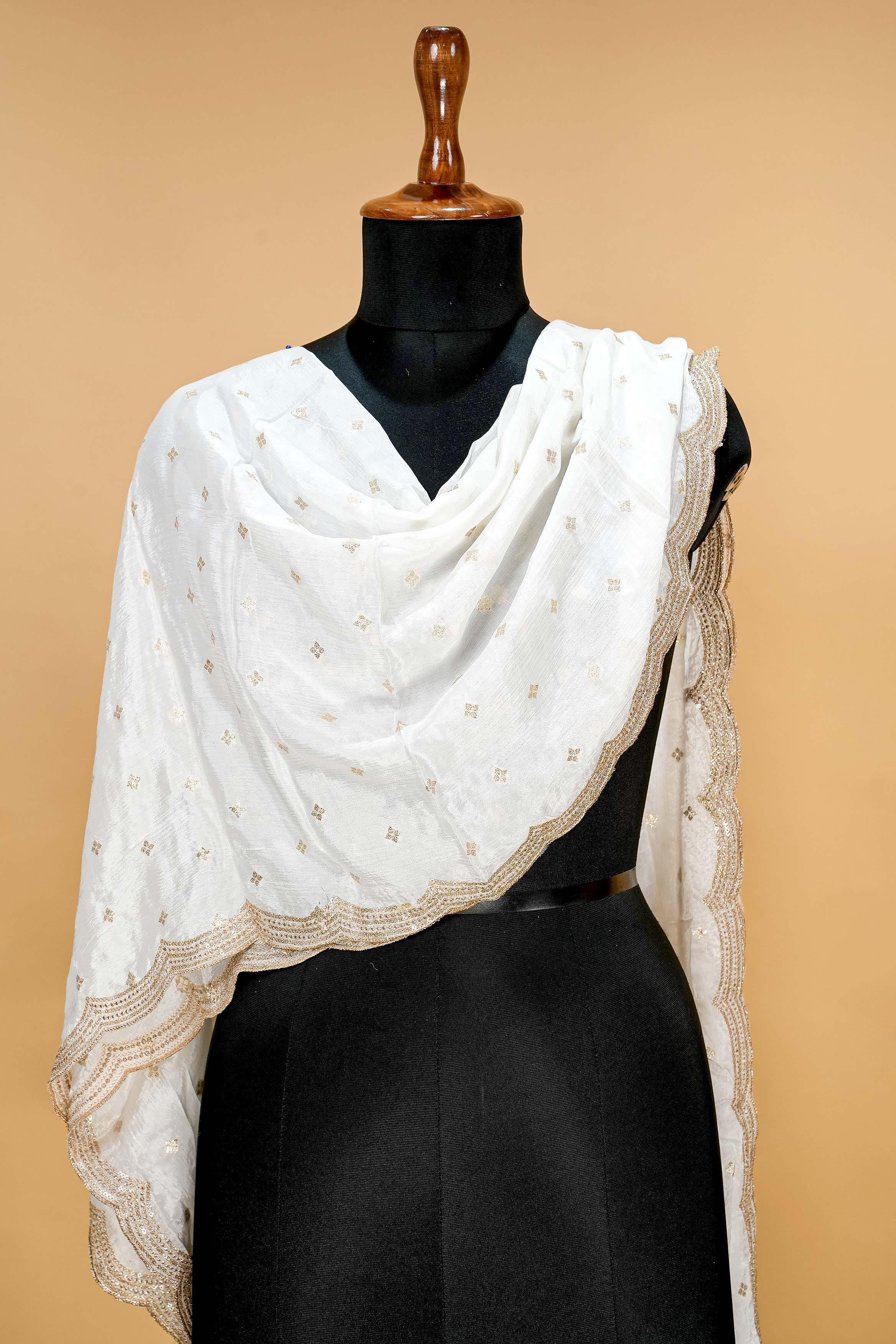 White Dupatta with Zari,sequins and Scallop Border