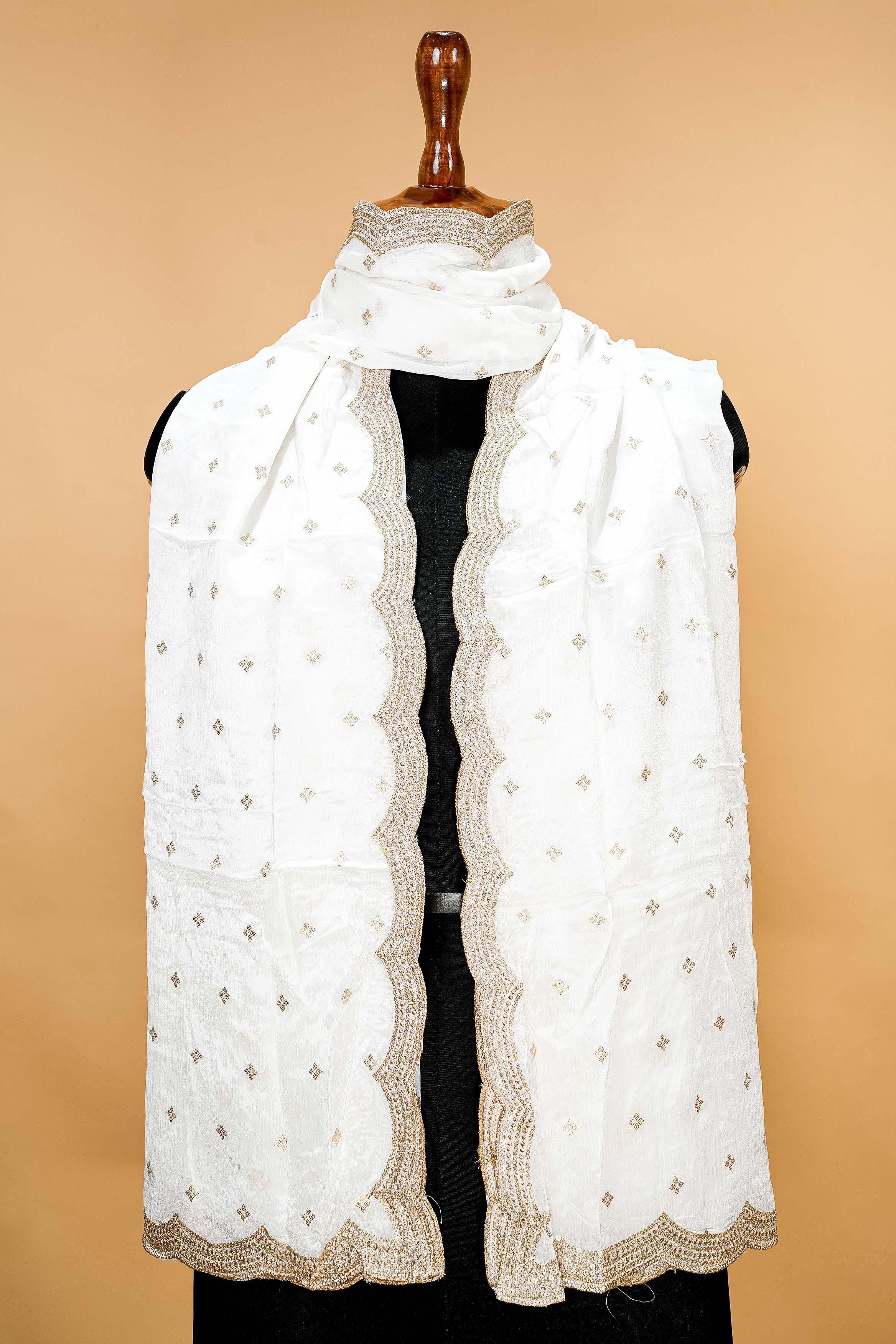 White Dupatta with Zari,sequins and Scallop Border