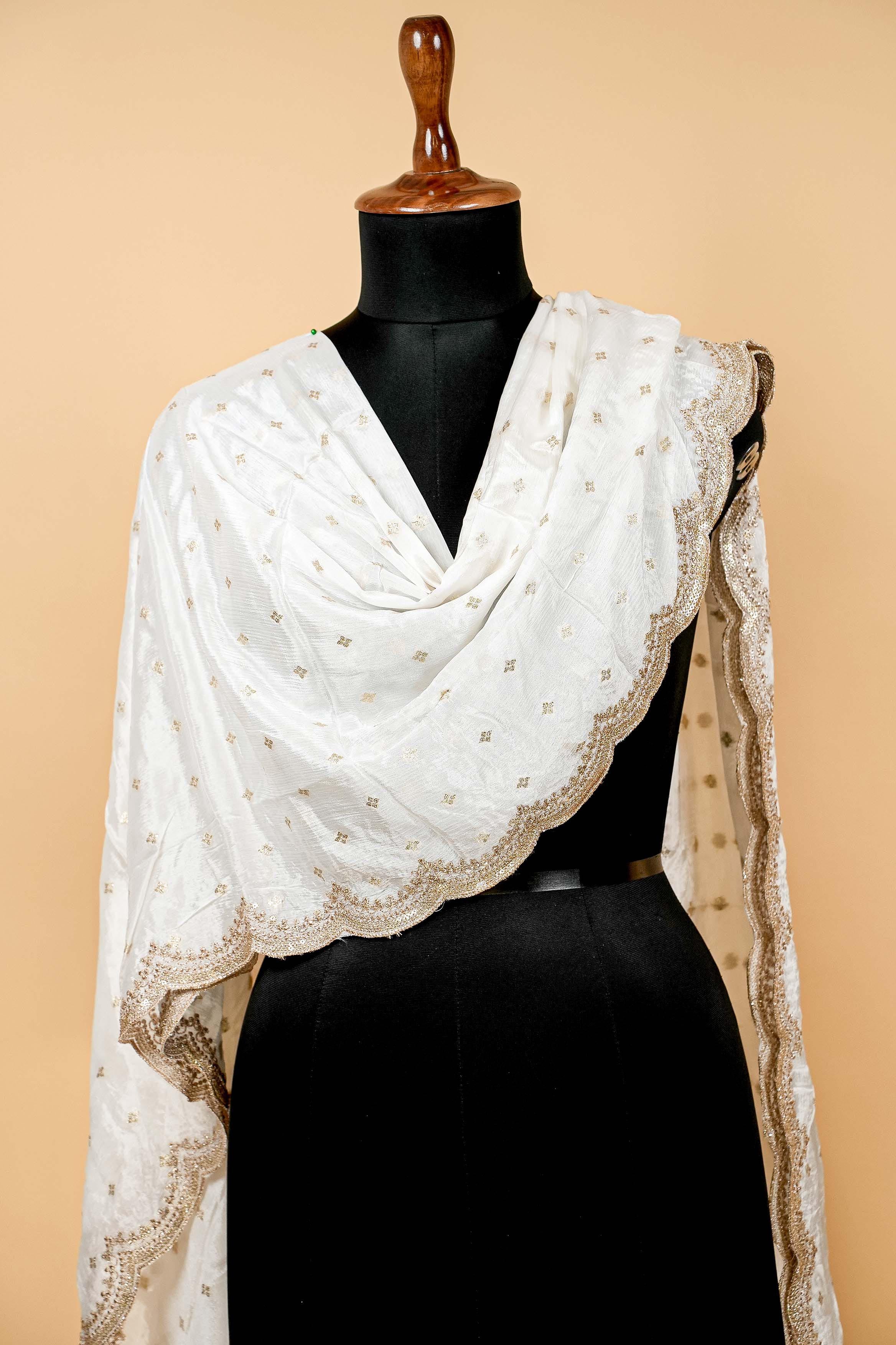 White Dupatta with Zari,sequins,threadwork and Scallop Border