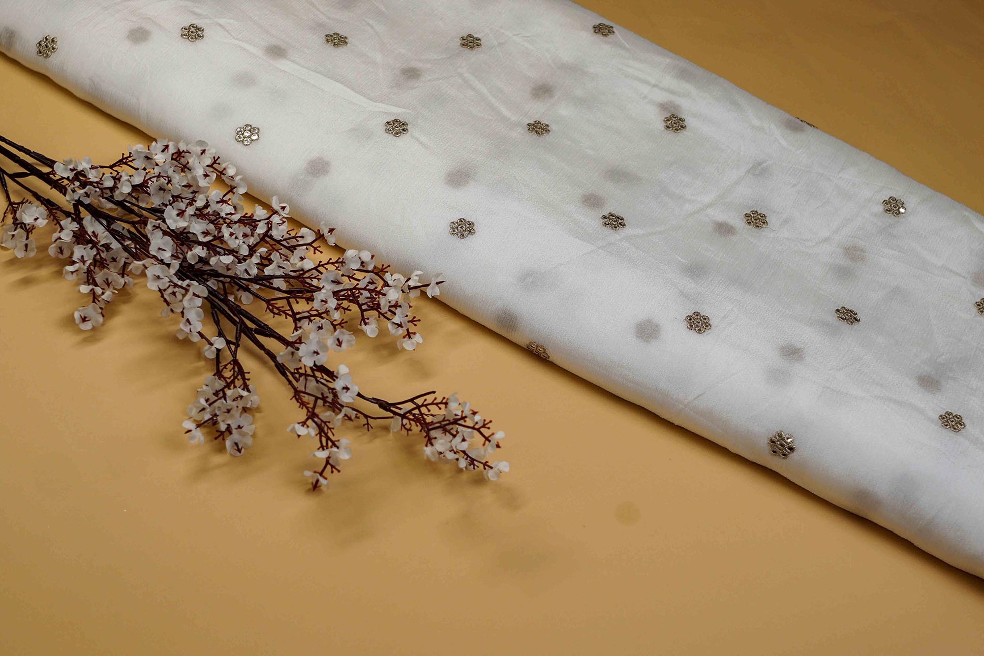 Beige Tissue Fabric with Small Butti of Rose Gold Sequins, Katdana, White Beads