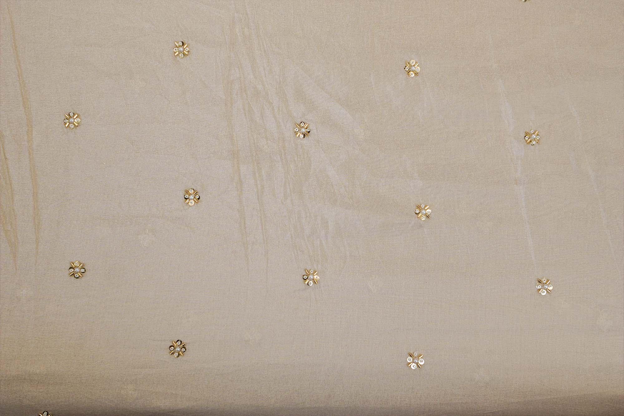 Beige Tissue Fabric with Small Butti of Rose Gold Sequins, Katdana, White Beads