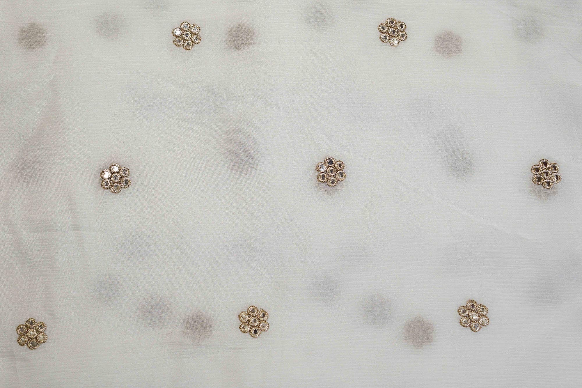 Beige Chiffon Fabric with Small Butti of Rose Gold Sequins, Katdana, White Beads