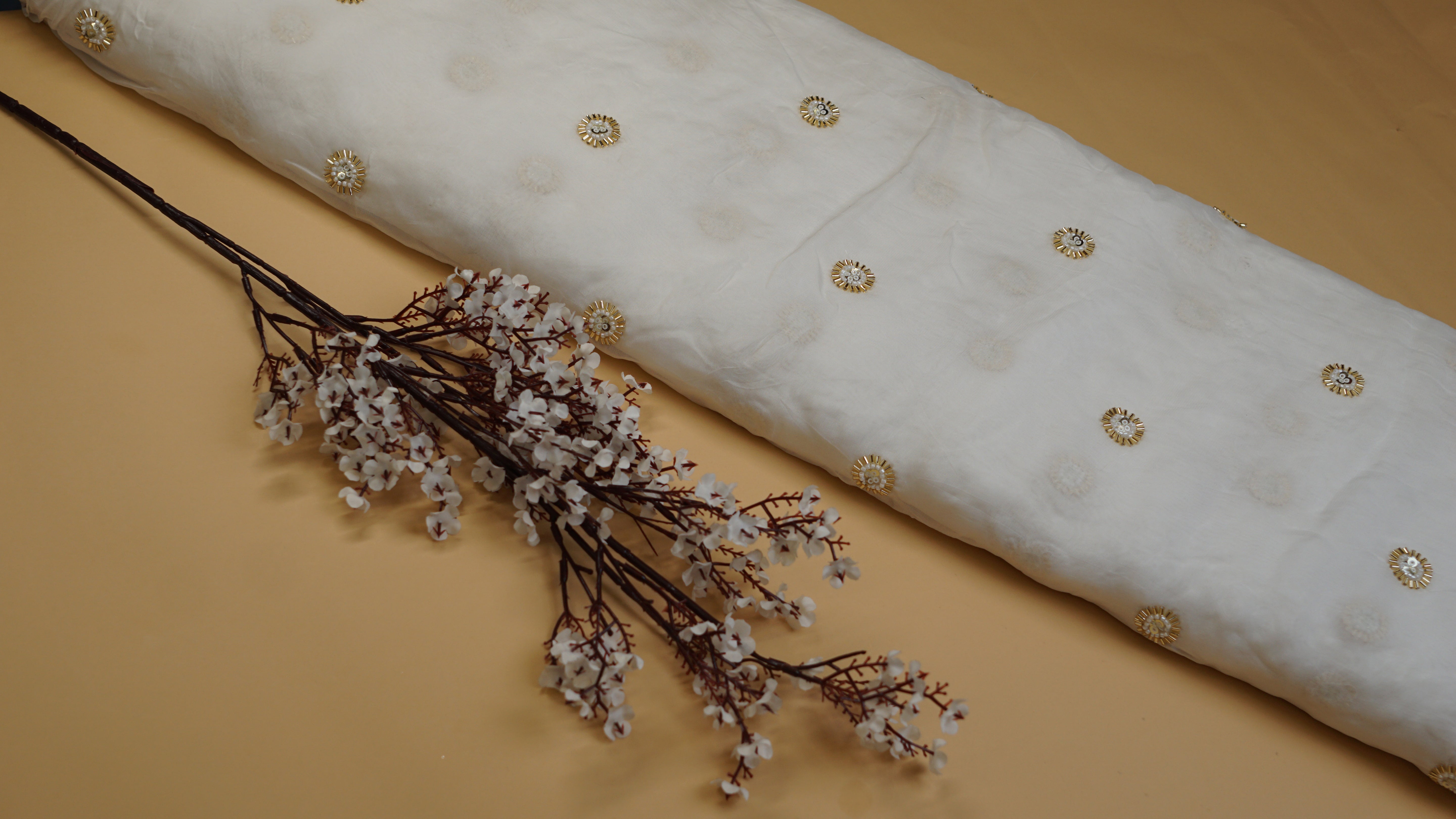 White Viscose Organza with Sequins,Gold Katdana, and Bead Adornments