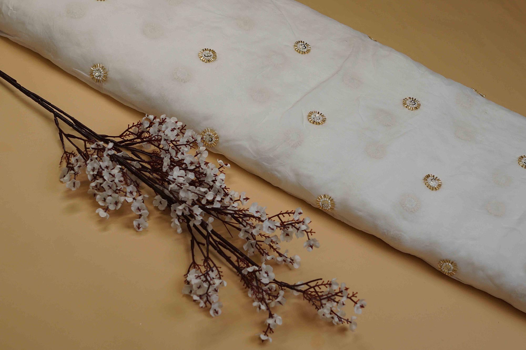 White Viscose Organza with Sequins,Gold Katdana, and Bead Adornments