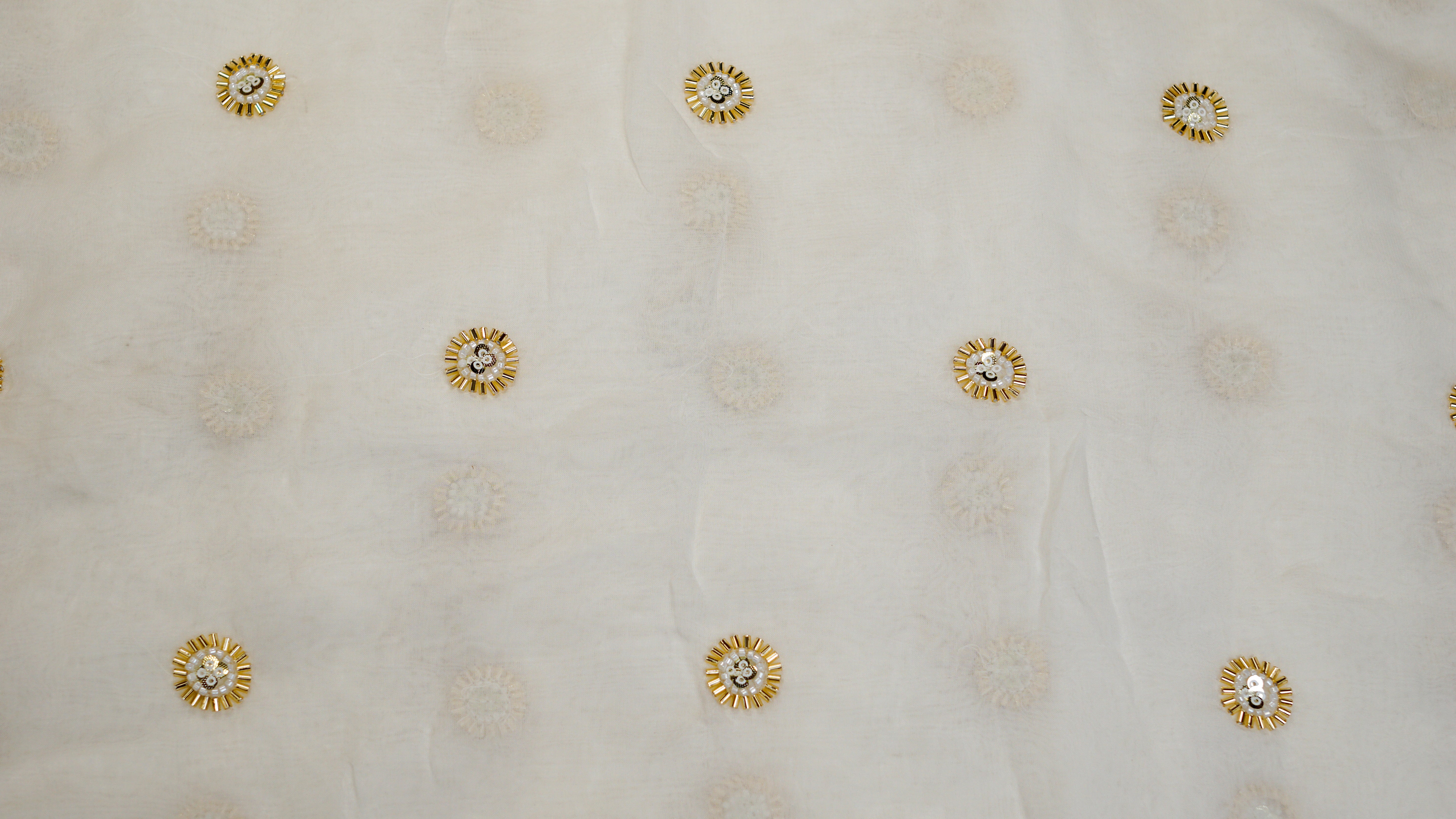 White Viscose Organza with Sequins,Gold Katdana, and Bead Adornments