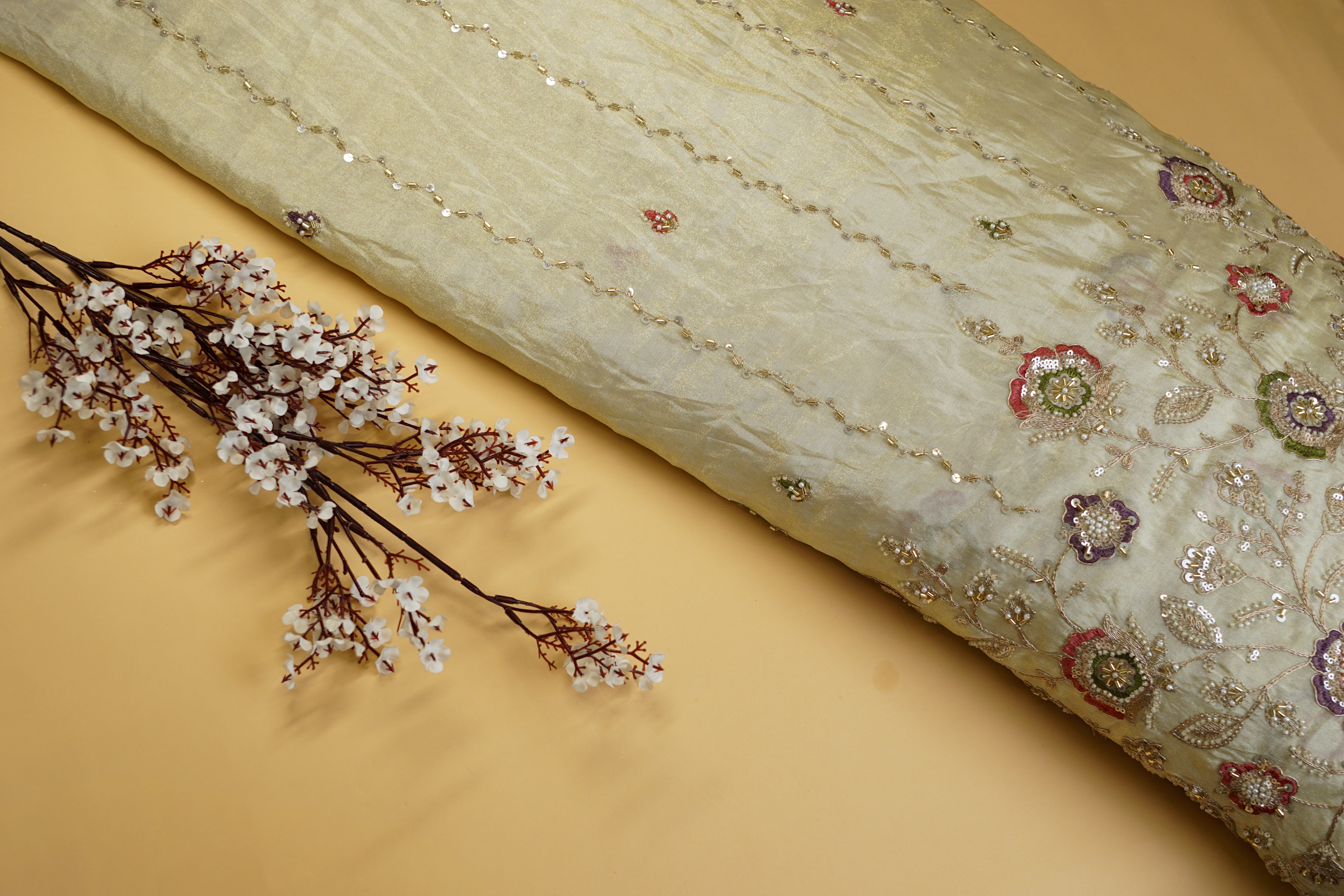 Golden Tissue Fabric With Multicolor Threadwork, Sequins ,Beads, Katdana And Zari Elegance