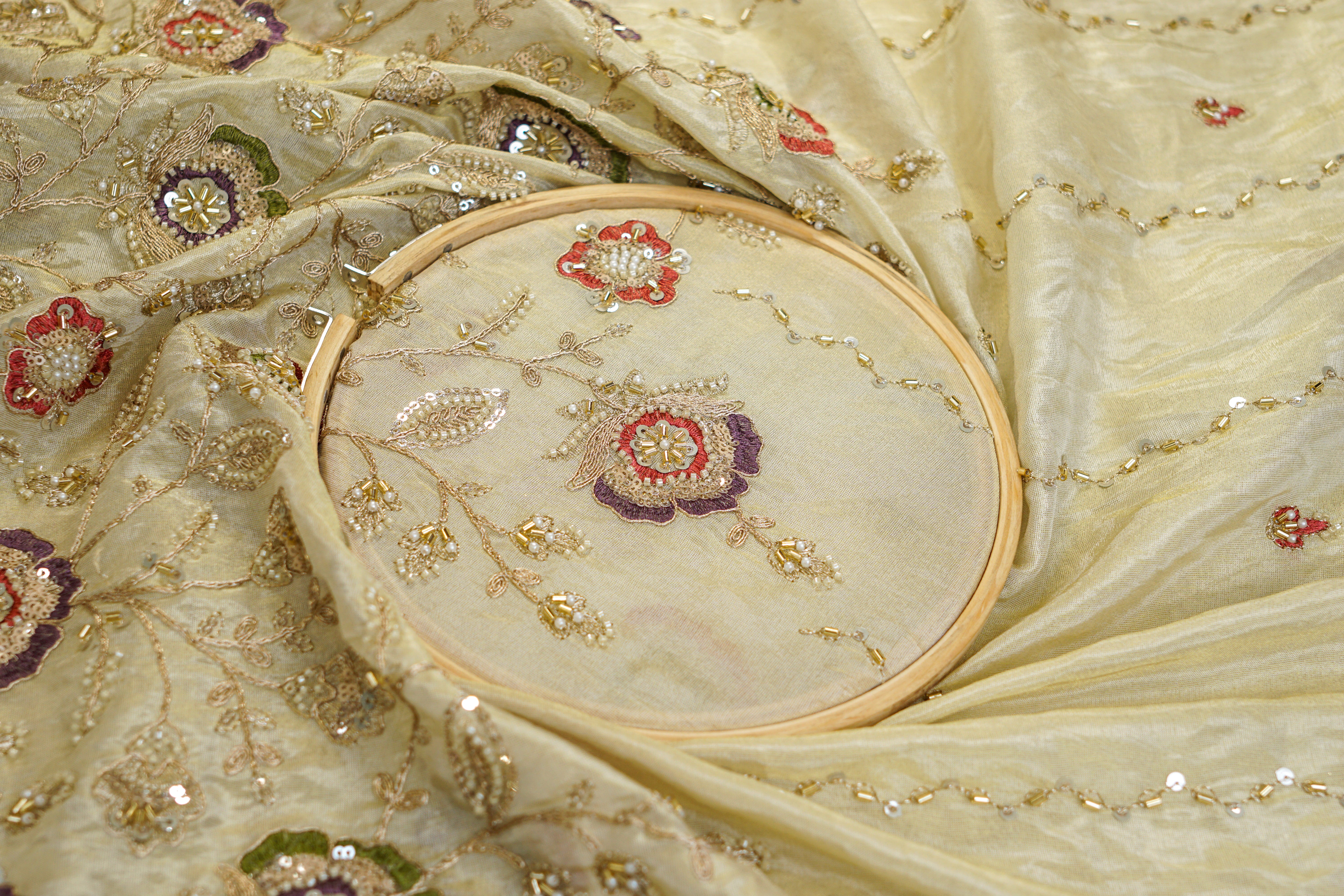 Golden Tissue Fabric With Multicolor Threadwork, Sequins ,Beads, Katdana And Zari Elegance