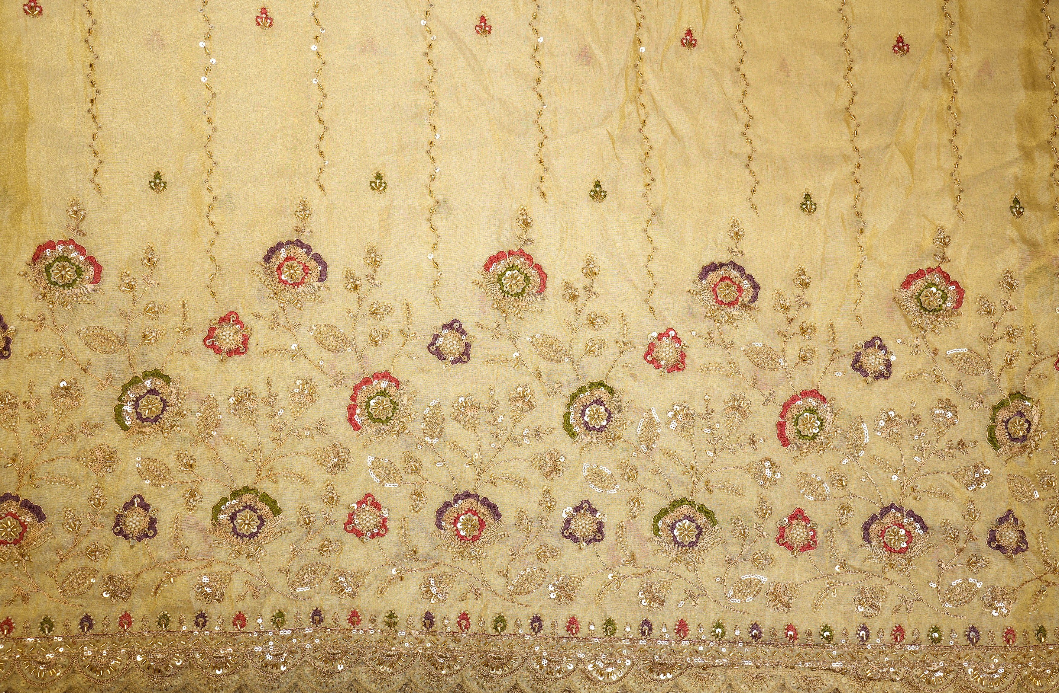 Golden Tissue Fabric With Multicolor Threadwork, Sequins ,Beads, Katdana And Zari Elegance