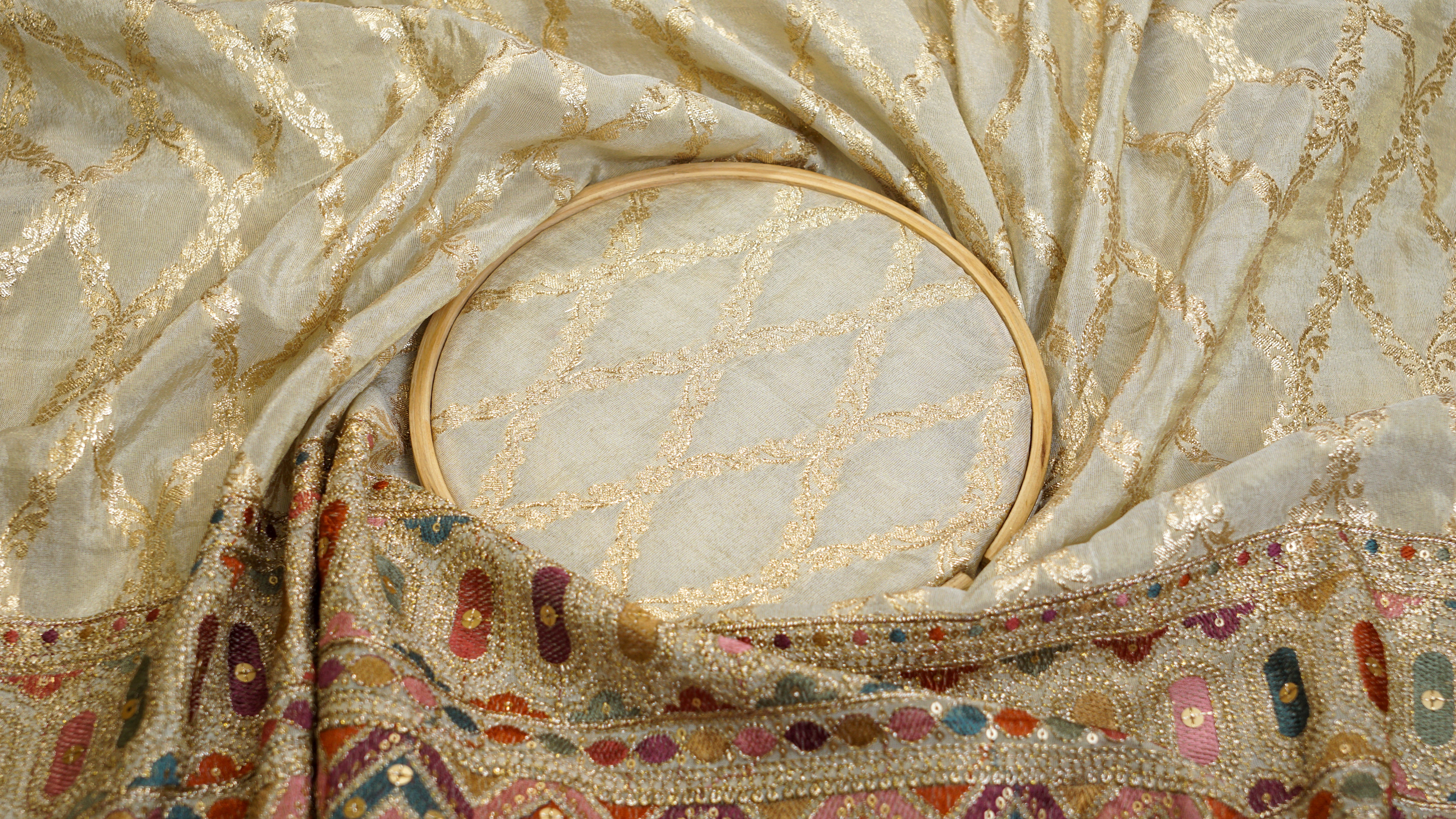 Off-White Tissue Fabric with Multicolor Thread ,Sequins and Zari Embroidery