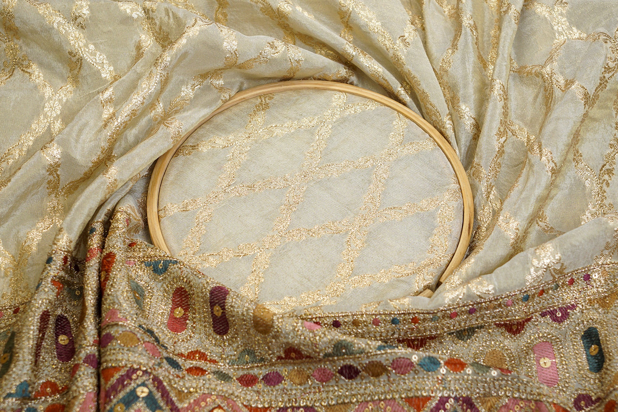 Off-White Tissue Fabric with Multicolor Thread ,Sequins and Zari Embroidery