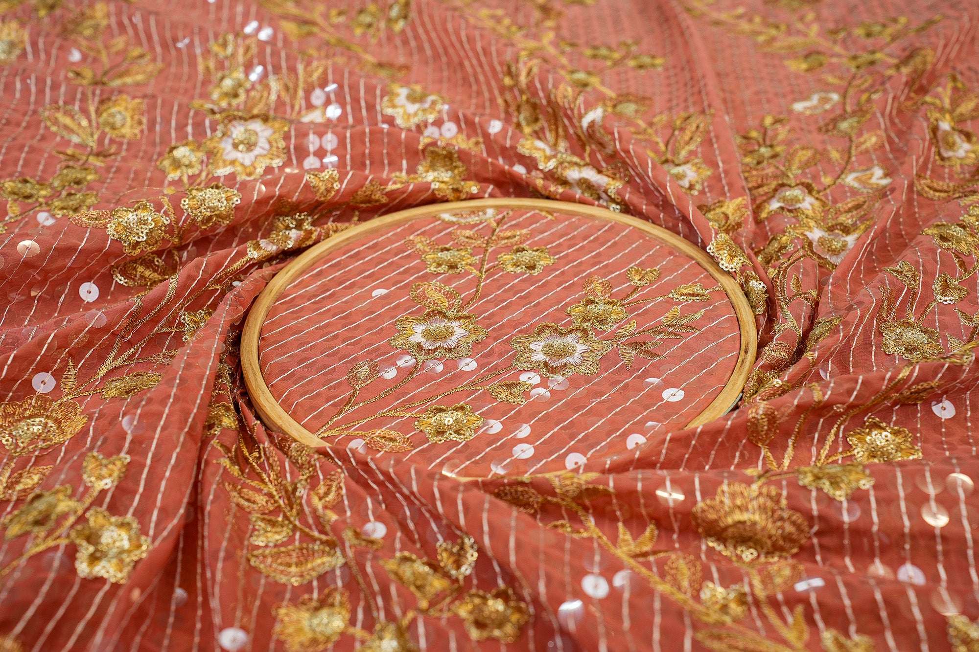 Peach Ombre Floral Georgette with Sequins, Zari, and Threadwork