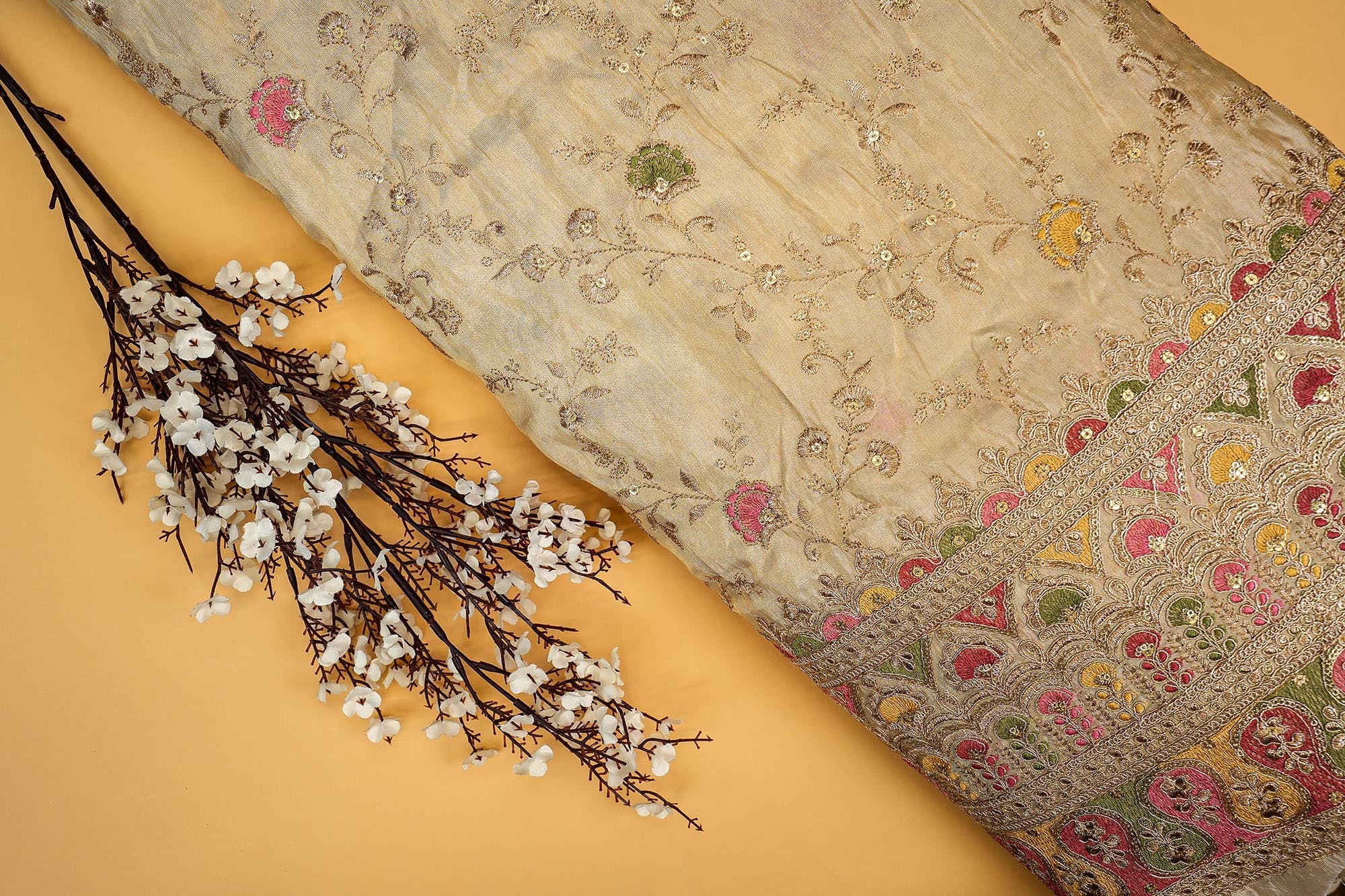 Golden Tissue Fabric With Multicolor Threadwork, Sequins And Zari Elegance