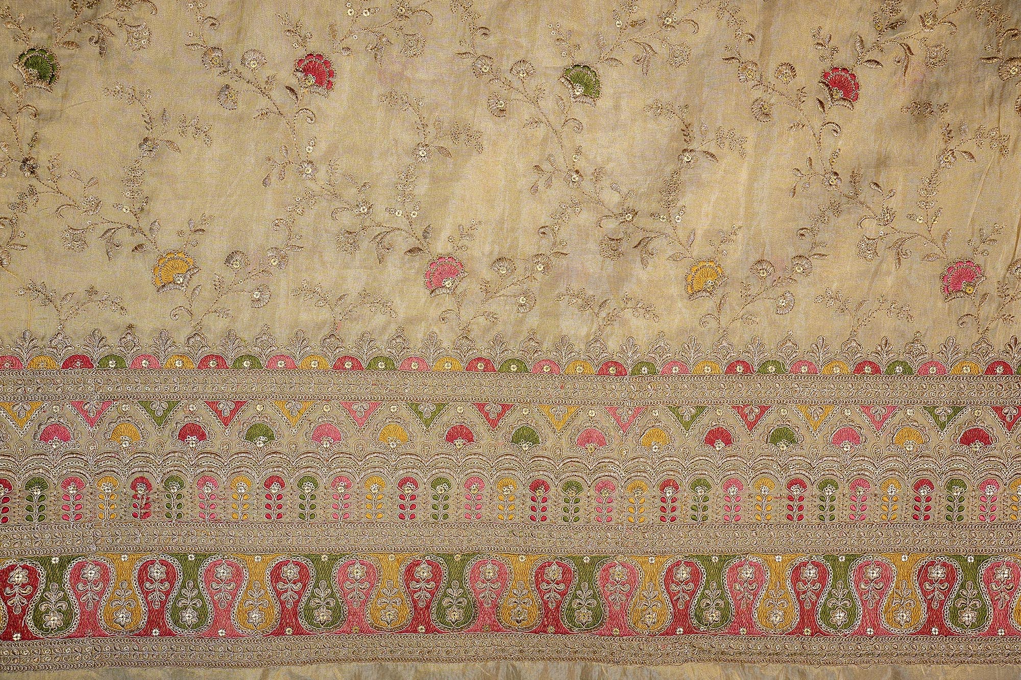 Golden Tissue Fabric With Multicolor Threadwork, Sequins And Zari Elegance