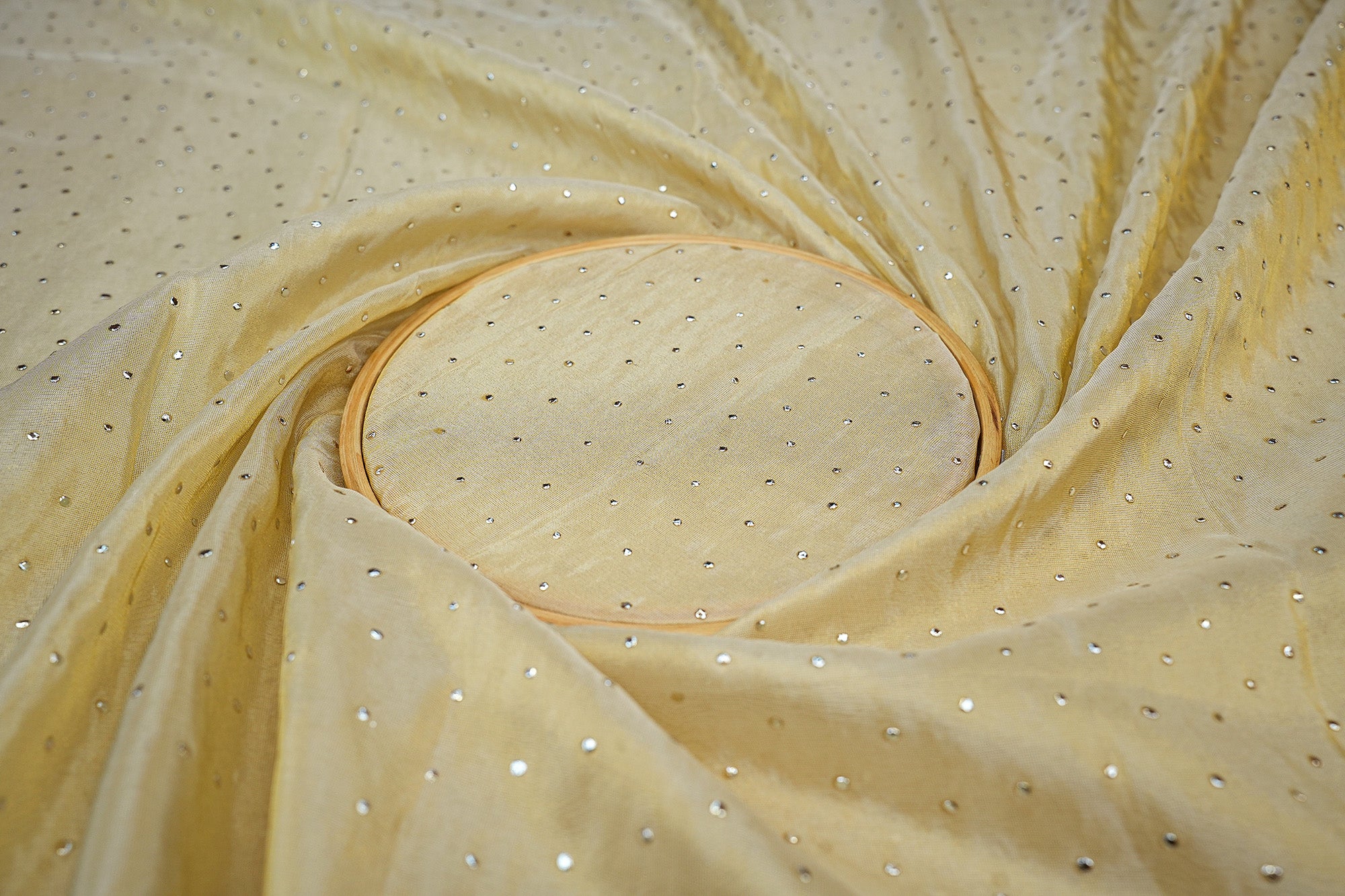 Golden Embroidered Tissue with Silver Dew Drop Accents