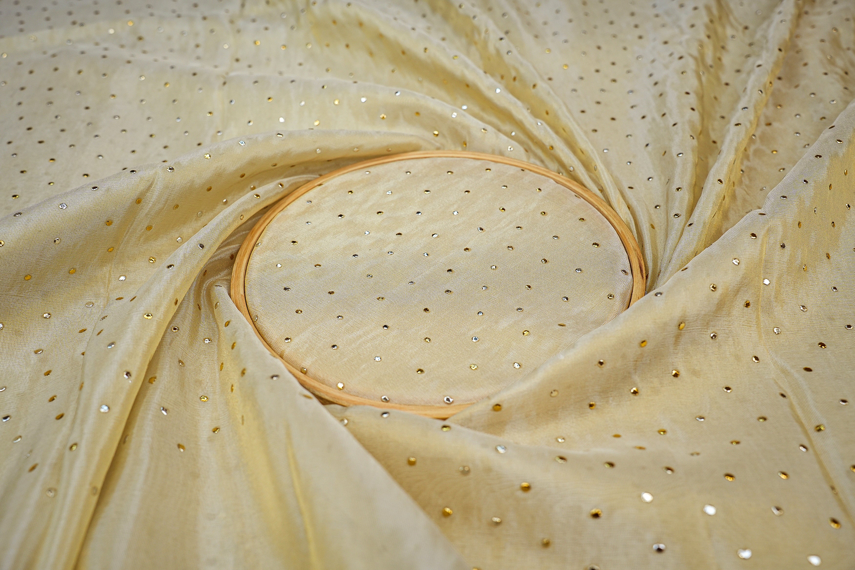 Golden Embroidered Tissue with Silver Dew Drop Accents