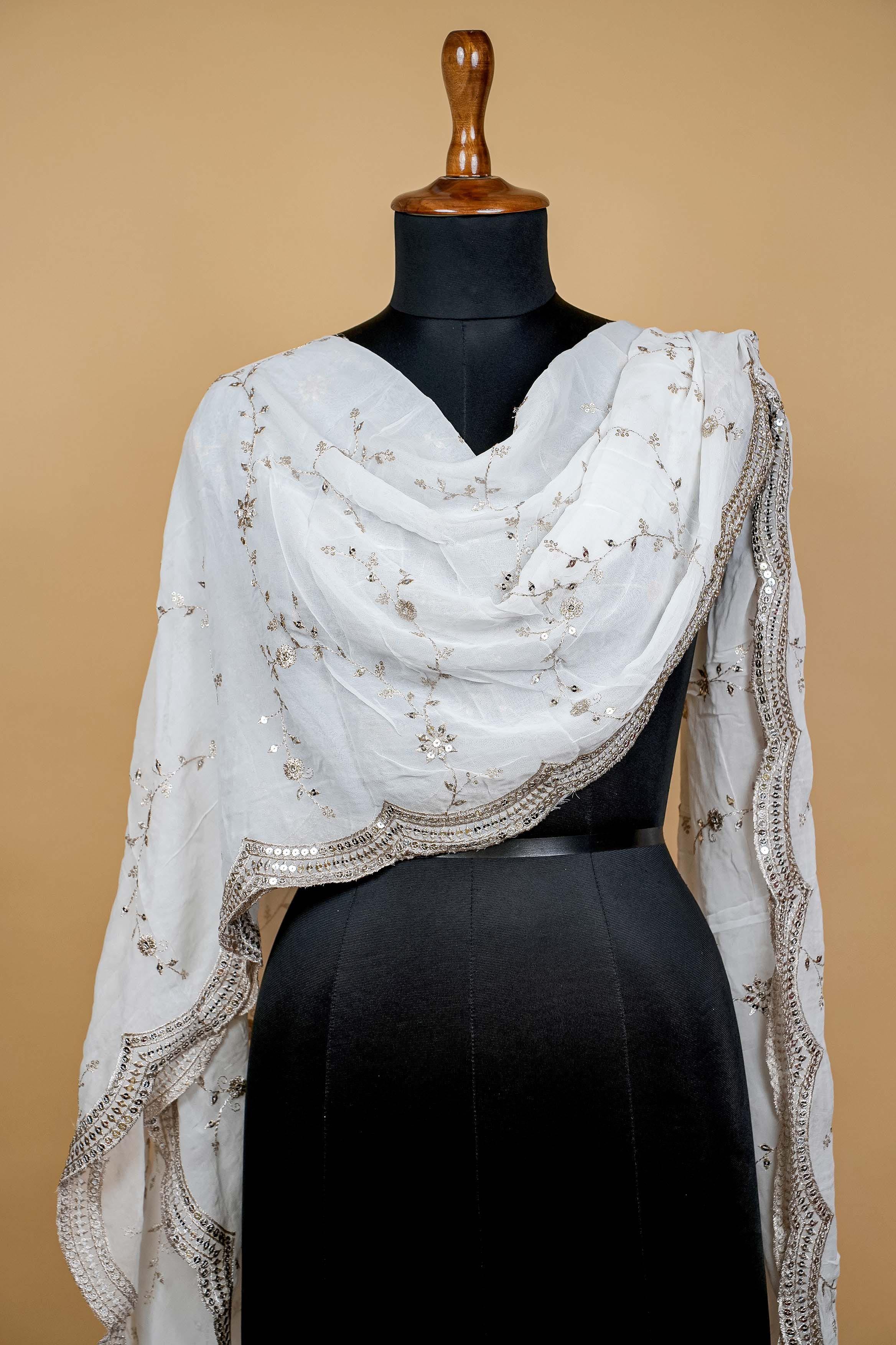 White Dupatta with Zari,sequins and Scallop Border