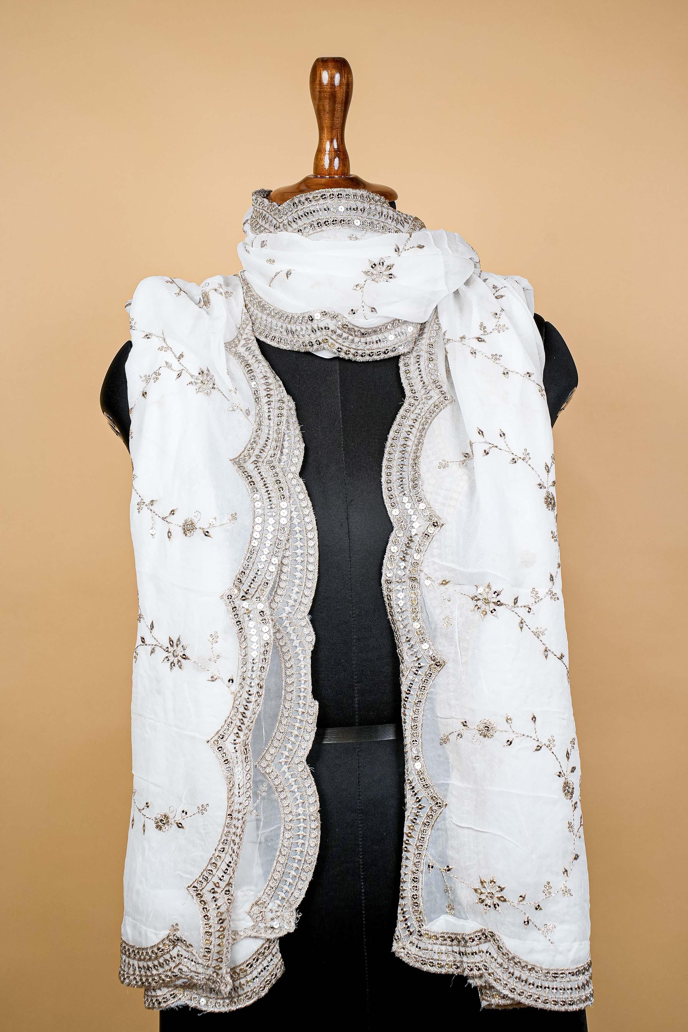 White Dupatta with Zari,sequins and Scallop Border