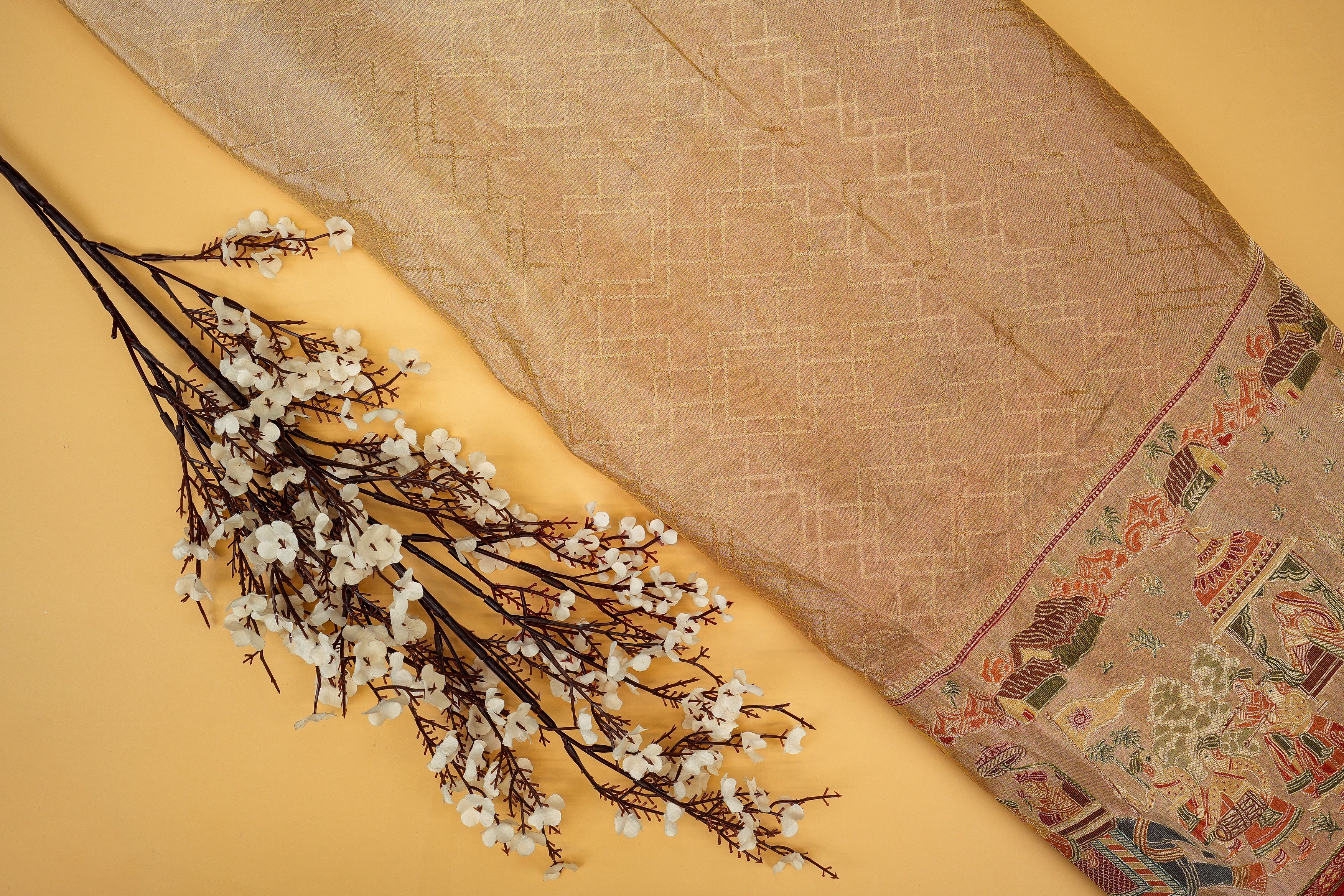 Golden Embroidered Tissue with Traditional Zari Elegance