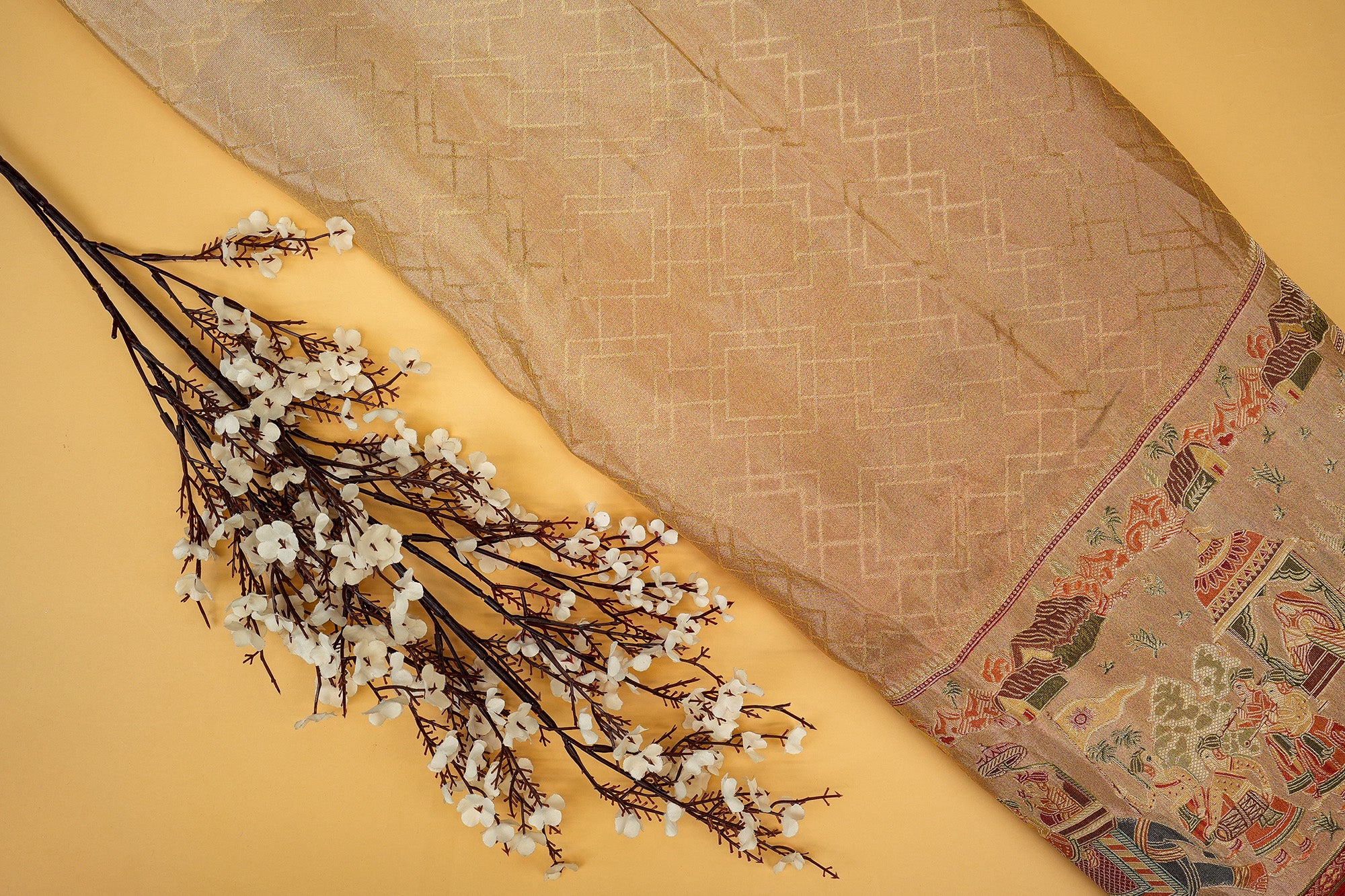 Peach Embroidered Tissue with Traditional Zari Elegance