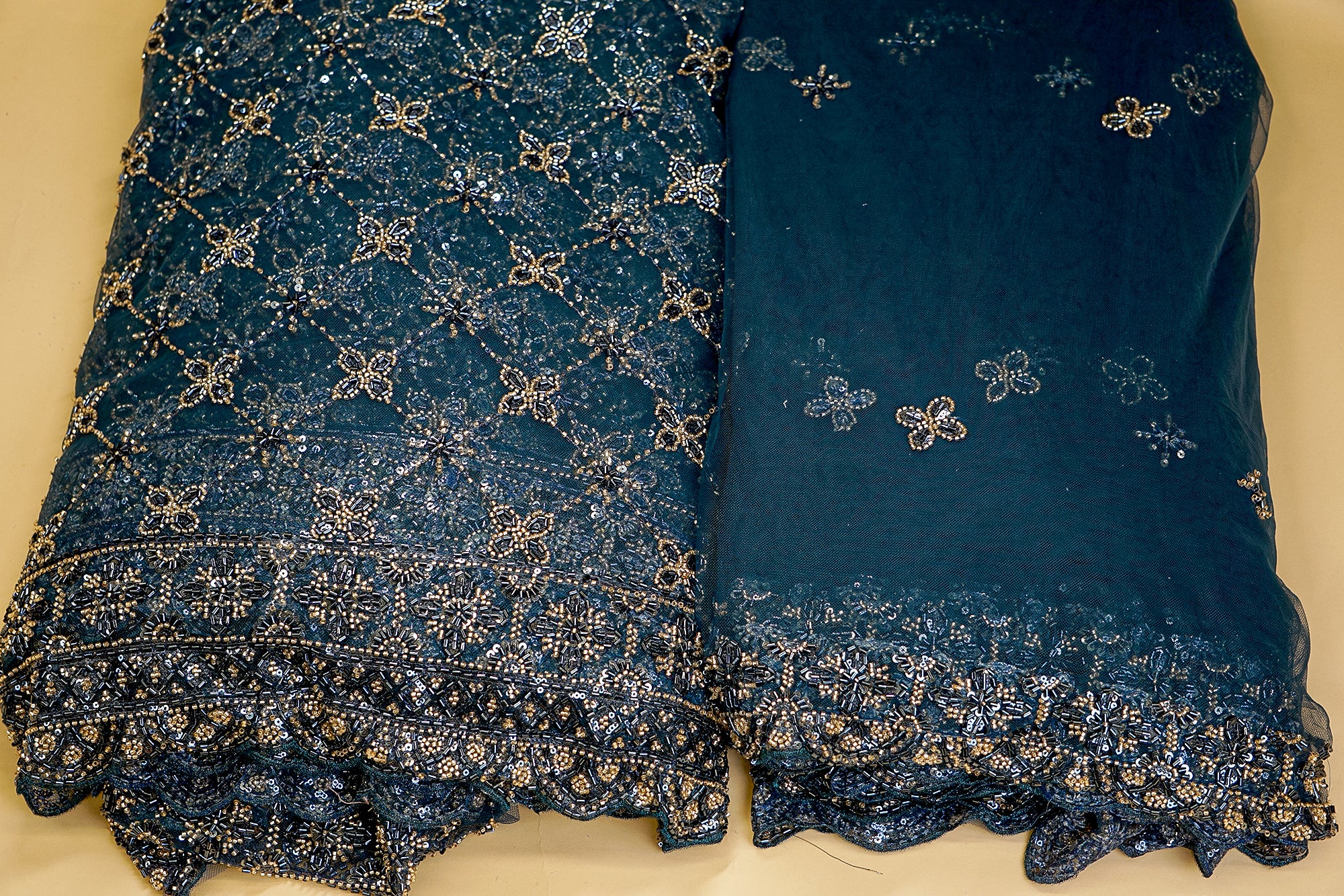 Teal Net with Floral Embroidery, Katdana, and Sequins Elegance