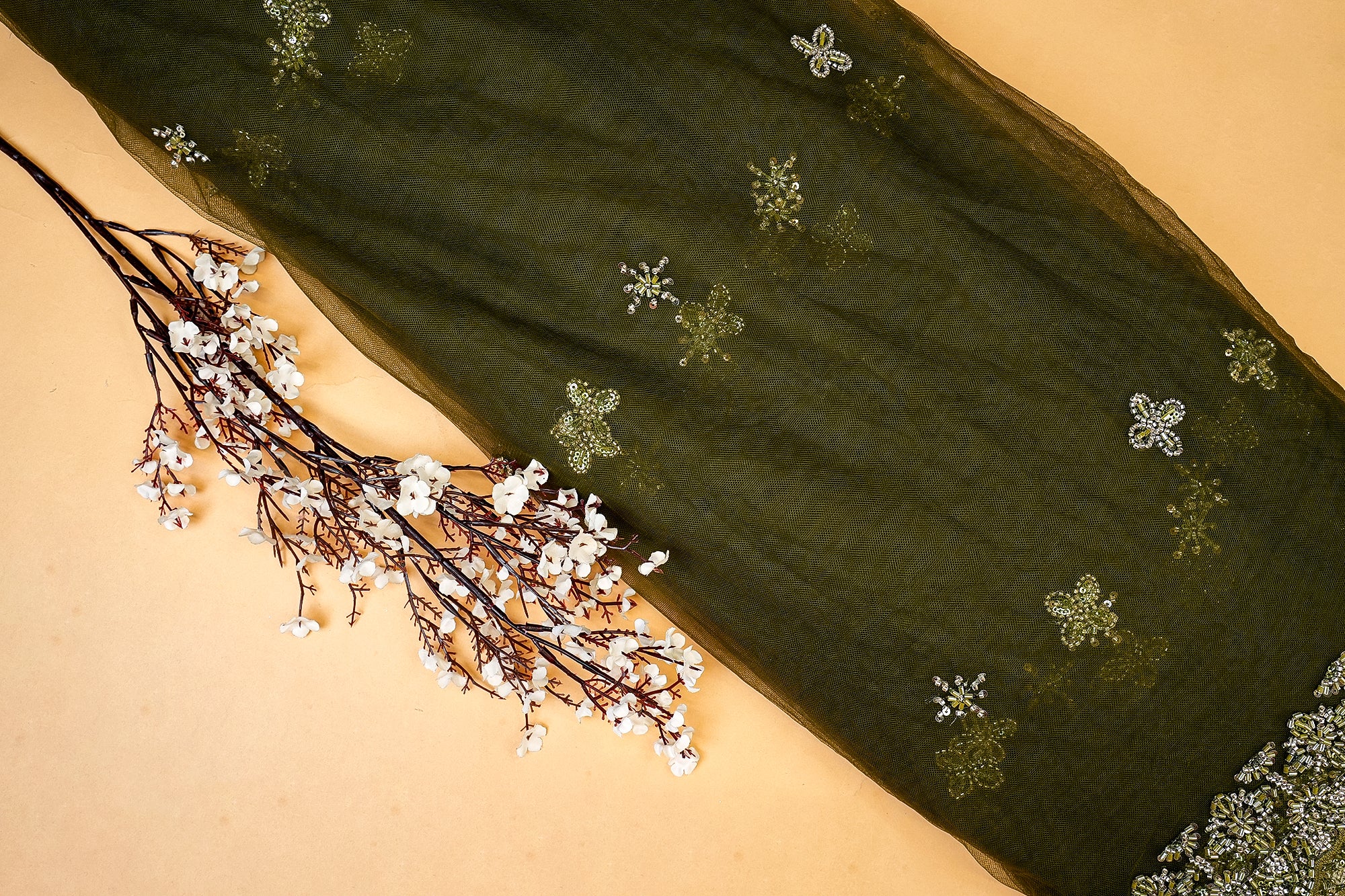 Mehendi Net with Floral Embroidery, Katdana, and Sequins Elegance