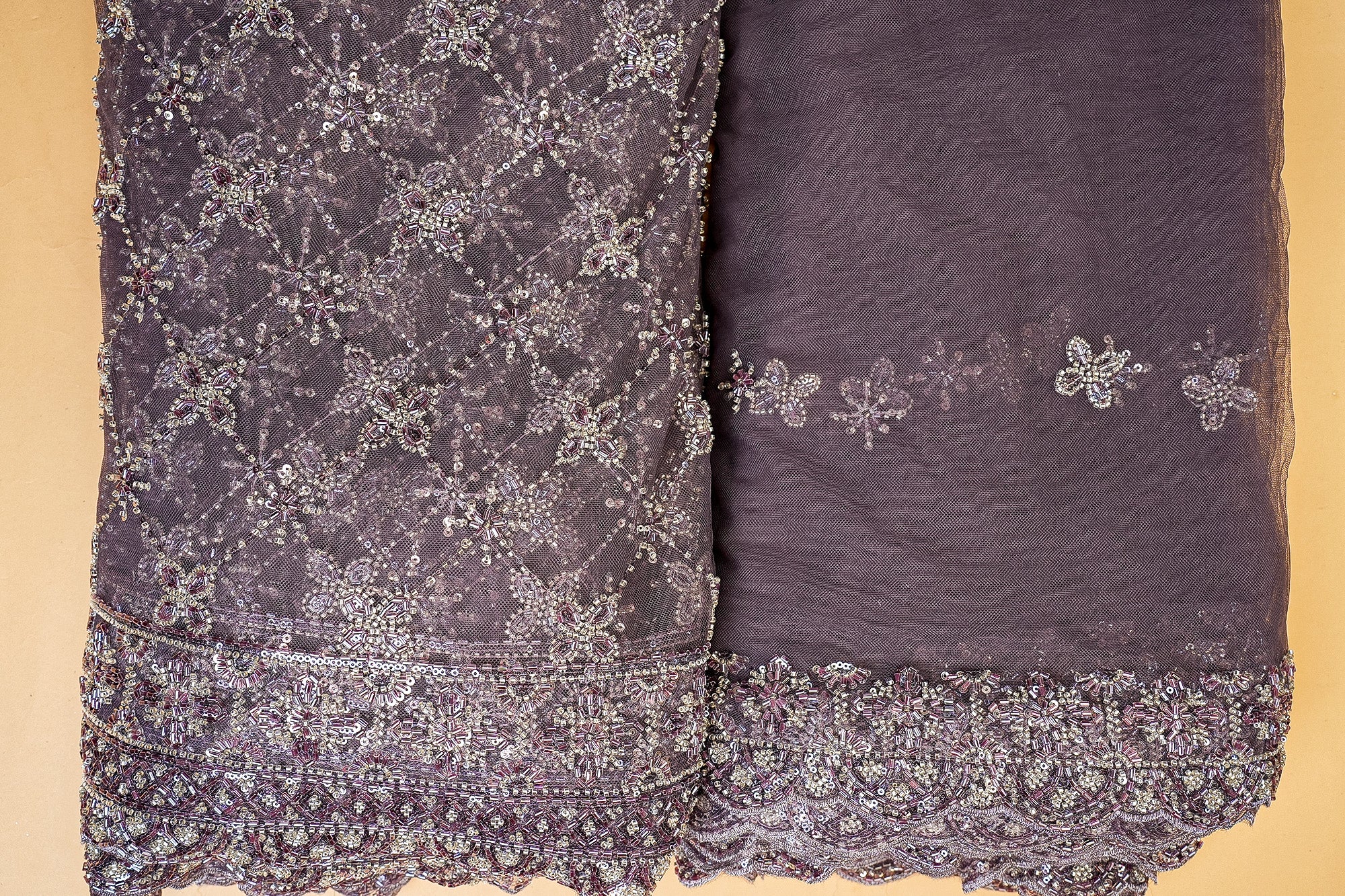 Purple Net with Floral Embroidery, Katdana, and Sequins Elegance