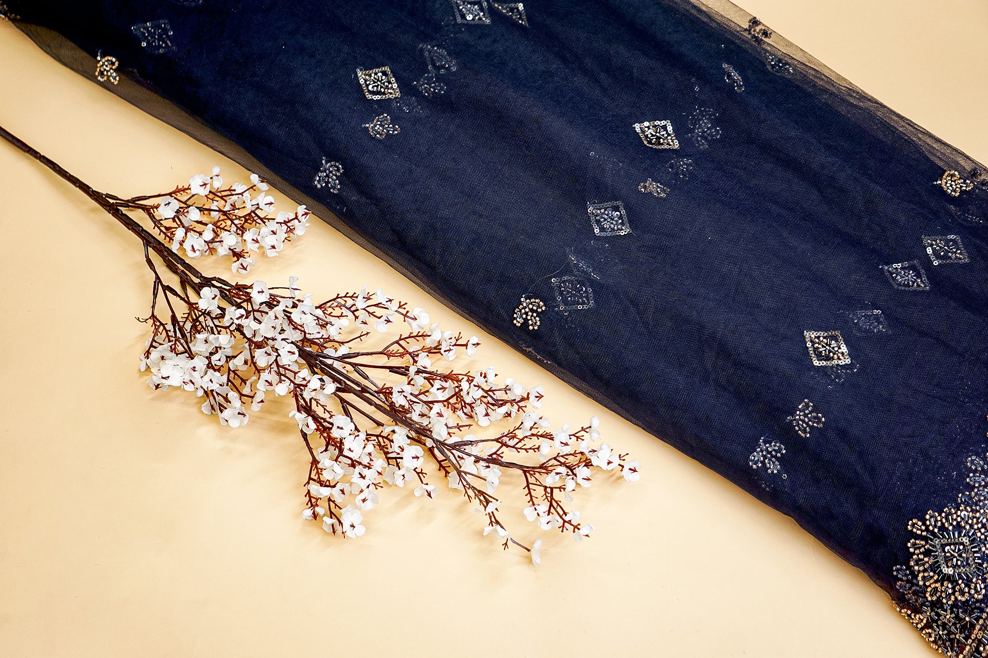 Navy Blue Net with Floral Embroidery, Katdana, and Sequins Elegance