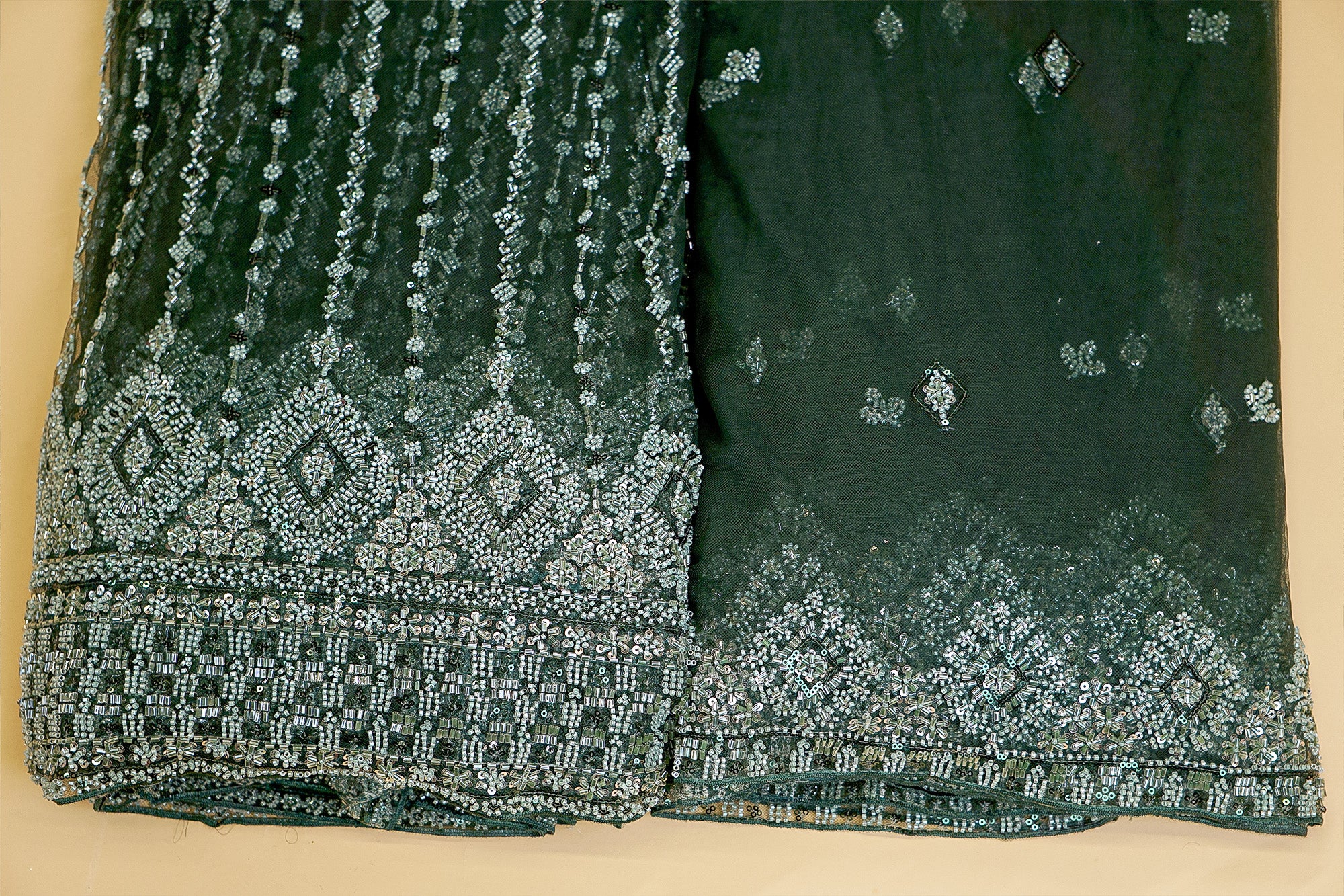 Bottle Green Net with Floral Embroidery, Katdana, and Sequins Elegance