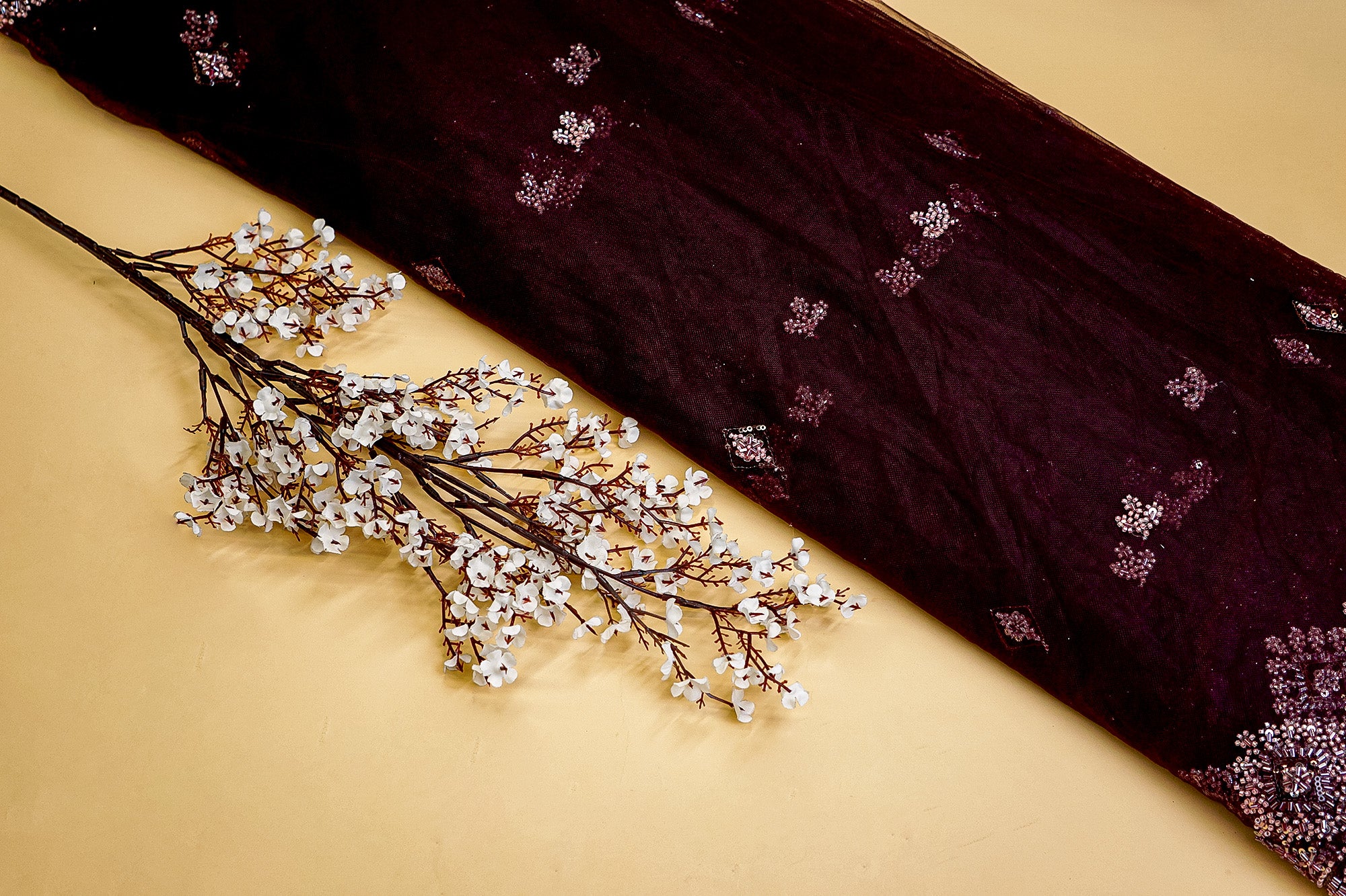 Wine Net with Floral Embroidery, Katdana, and Sequins Elegance