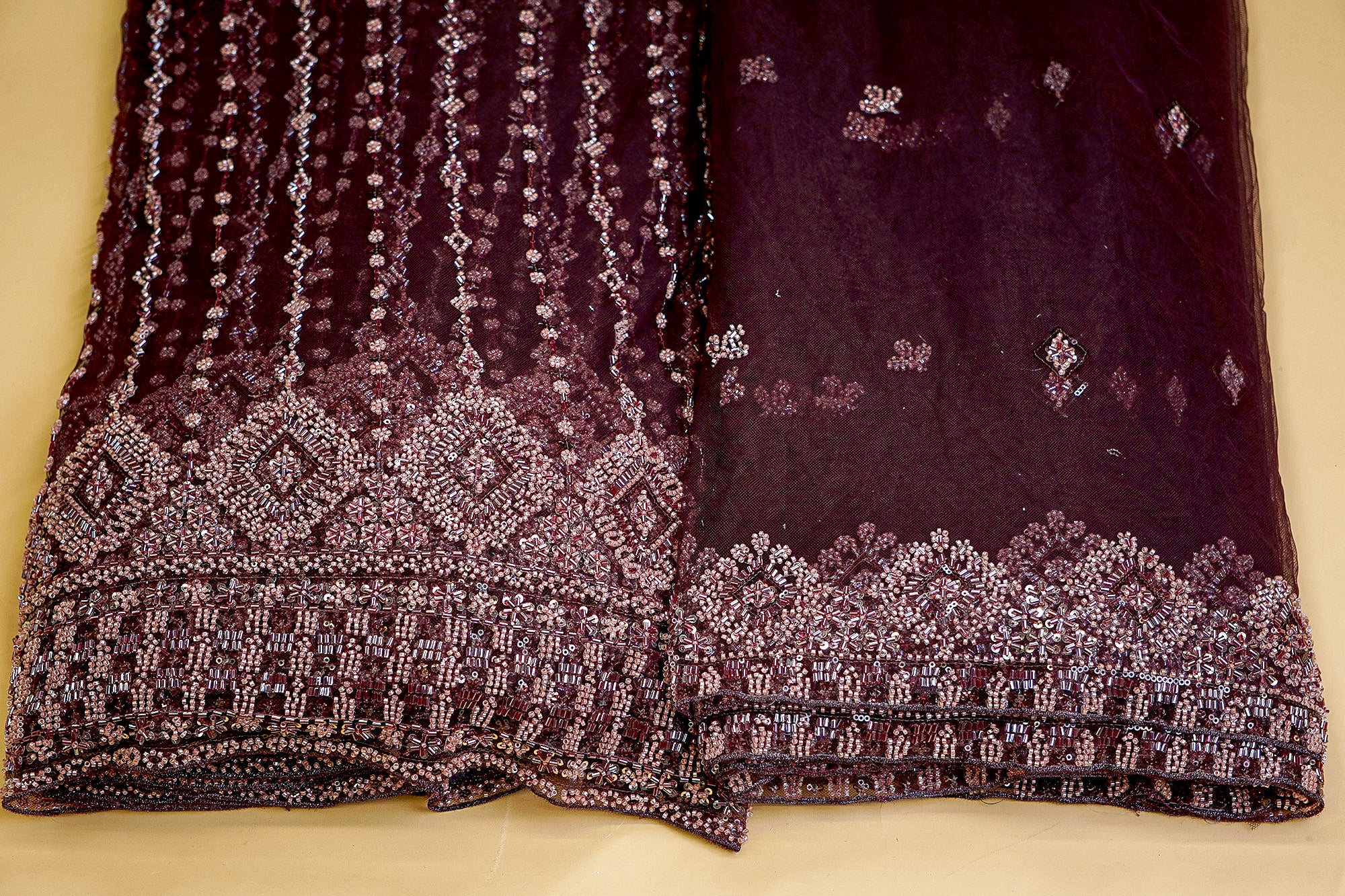 Wine Net with Floral Embroidery, Katdana, and Sequins Elegance