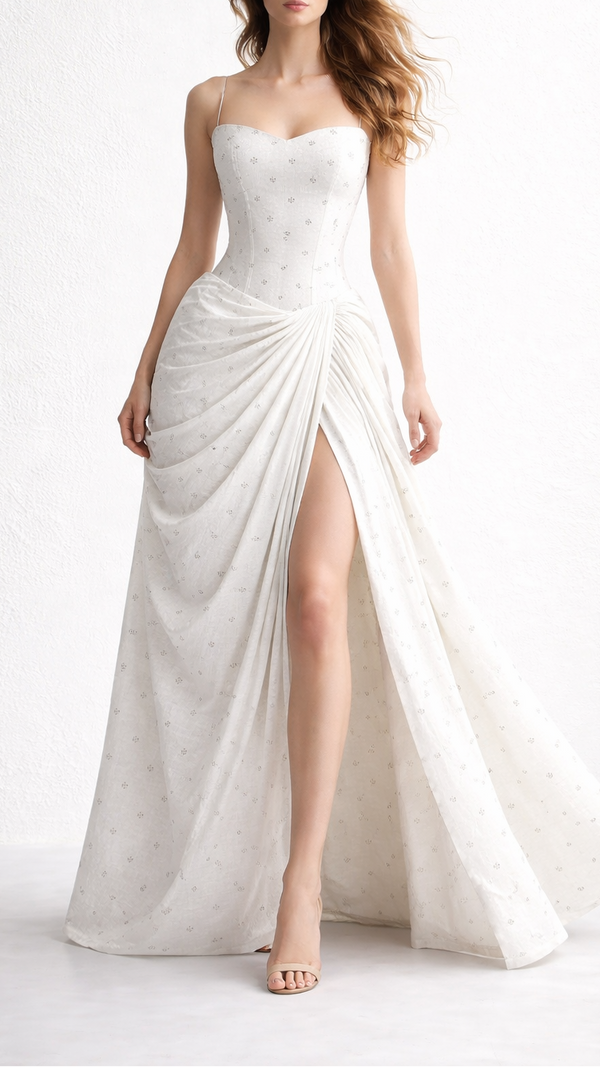 The Noor - White Dyeable Cotton Fabric With All Over Faux Mirror And Thread Work | 21516