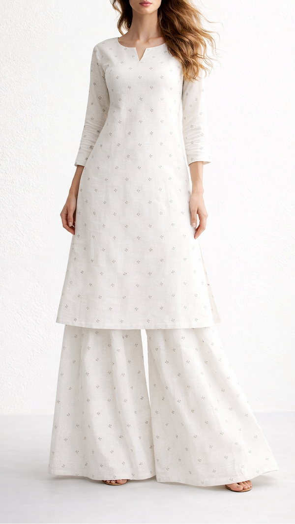 The Noor - White Dyeable Cotton Fabric With All Over Faux Mirror And Thread Work | 21516